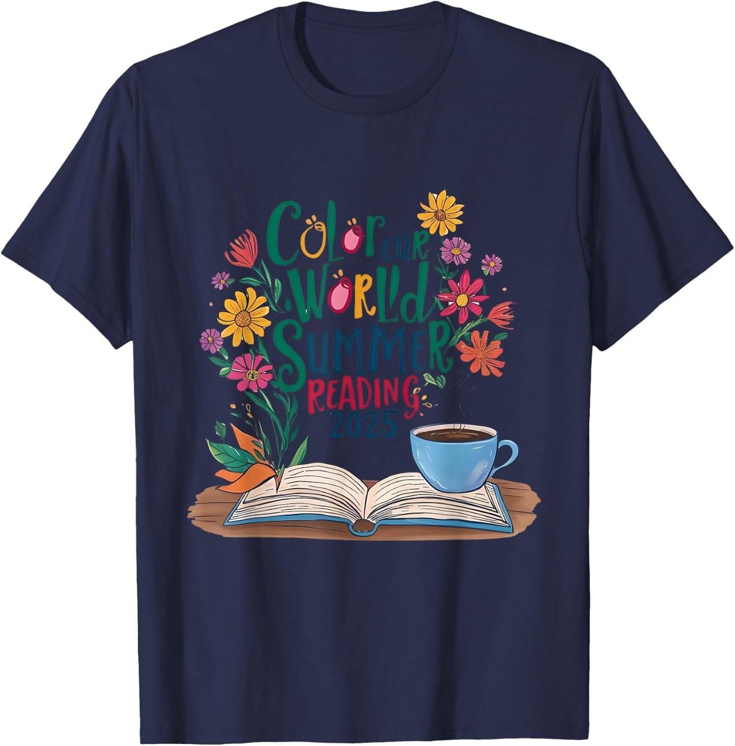 Color Our World Summer Reading 2025 Boho Wildflower Book T-Shirt - T-Shirt | Navy