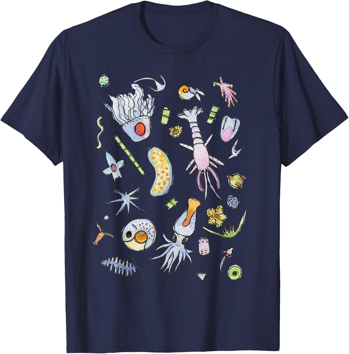 Pastel Ocean Plankton Microbes in Watercolor T-Shirt - T-Shirt | Navy