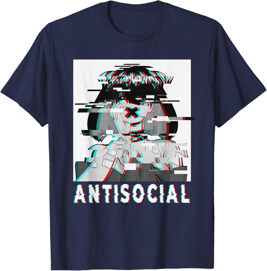 Antisocial Anti Social Anime Goth Girl Vaporwave Glitch 90s T-Shirt - T-Shirt | Navy