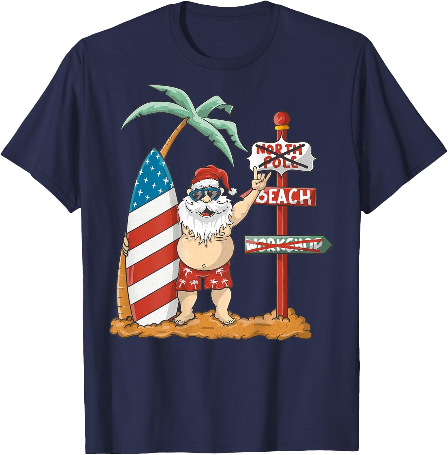 Surfing Santa With USA Patriotic Surfboard Christmas in July Women Kids Men T-Shirt - T-Shirt | Navy