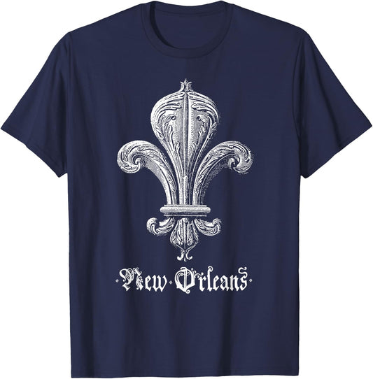 New Orleans Fleur De Lis Vintage Illustration T-Shirt - T-Shirt | Navy