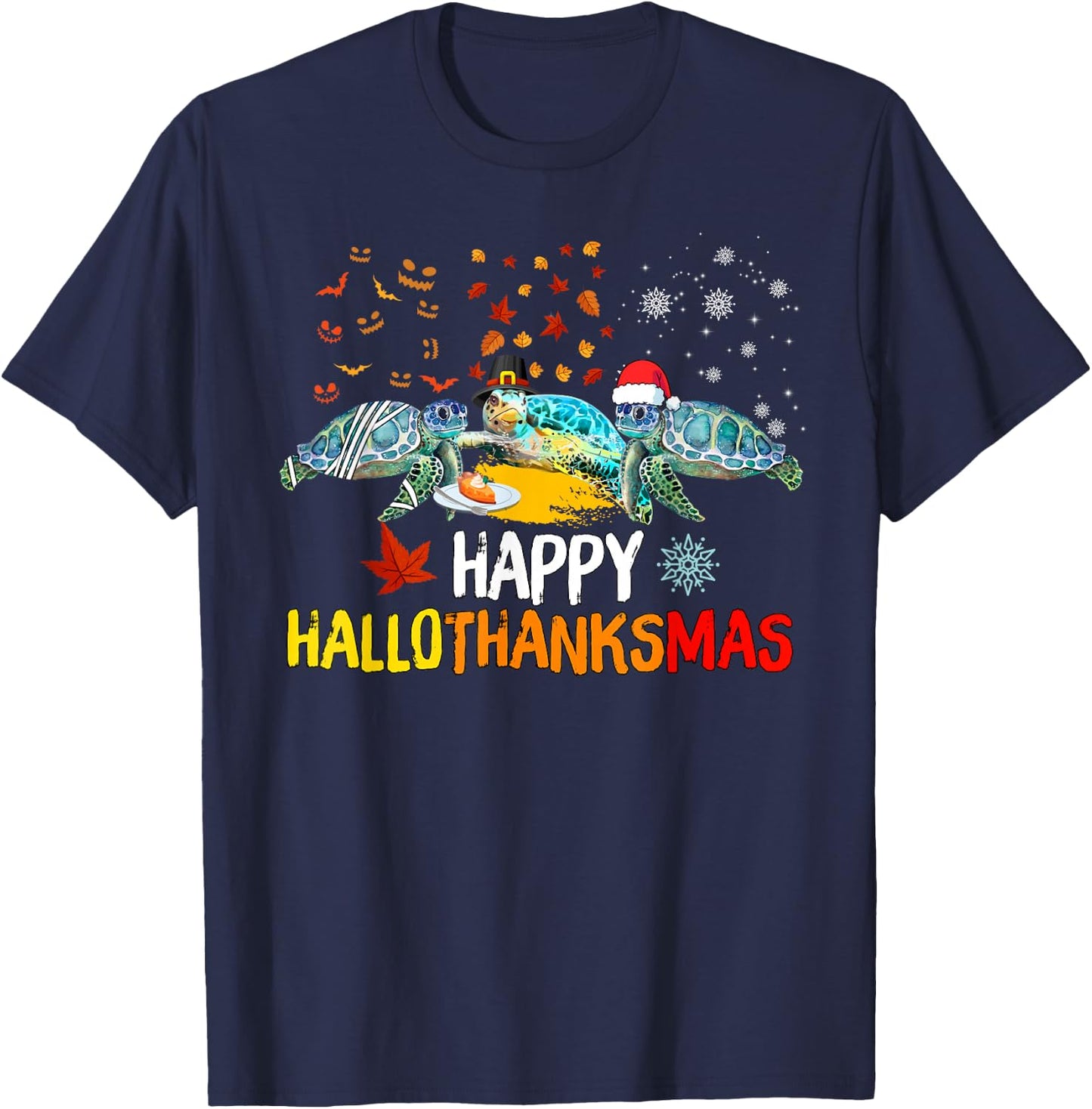 Happy Hallothanksmas Santa Turtle Halloween Thanksgiving T-Shirt - T-Shirt | Navy