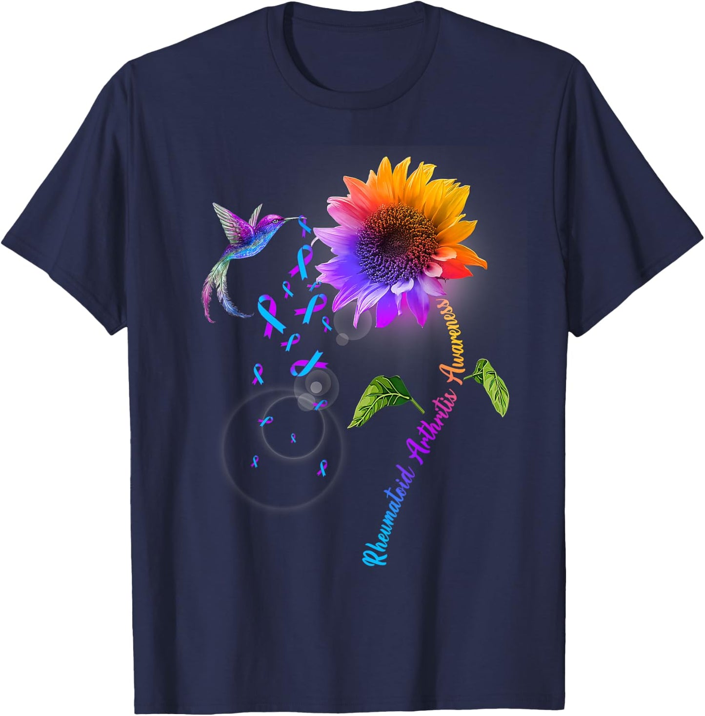 Rheumatoid Arthritis Awareness Sunflower Hummingbird T-Shirt - T-Shirt | Navy