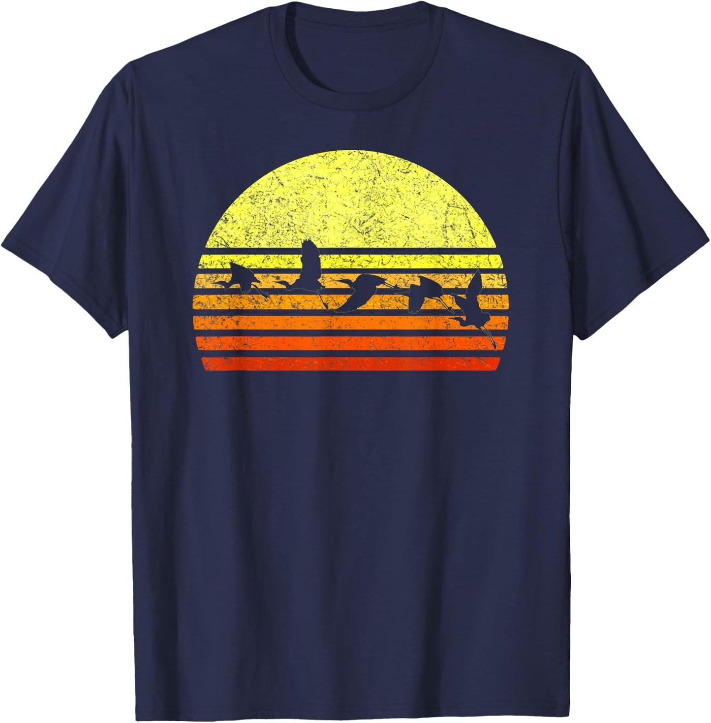 Great Blue Heron Bird Retro Sunset Vintage Distressed Sun T-Shirt - T-Shirt | Navy