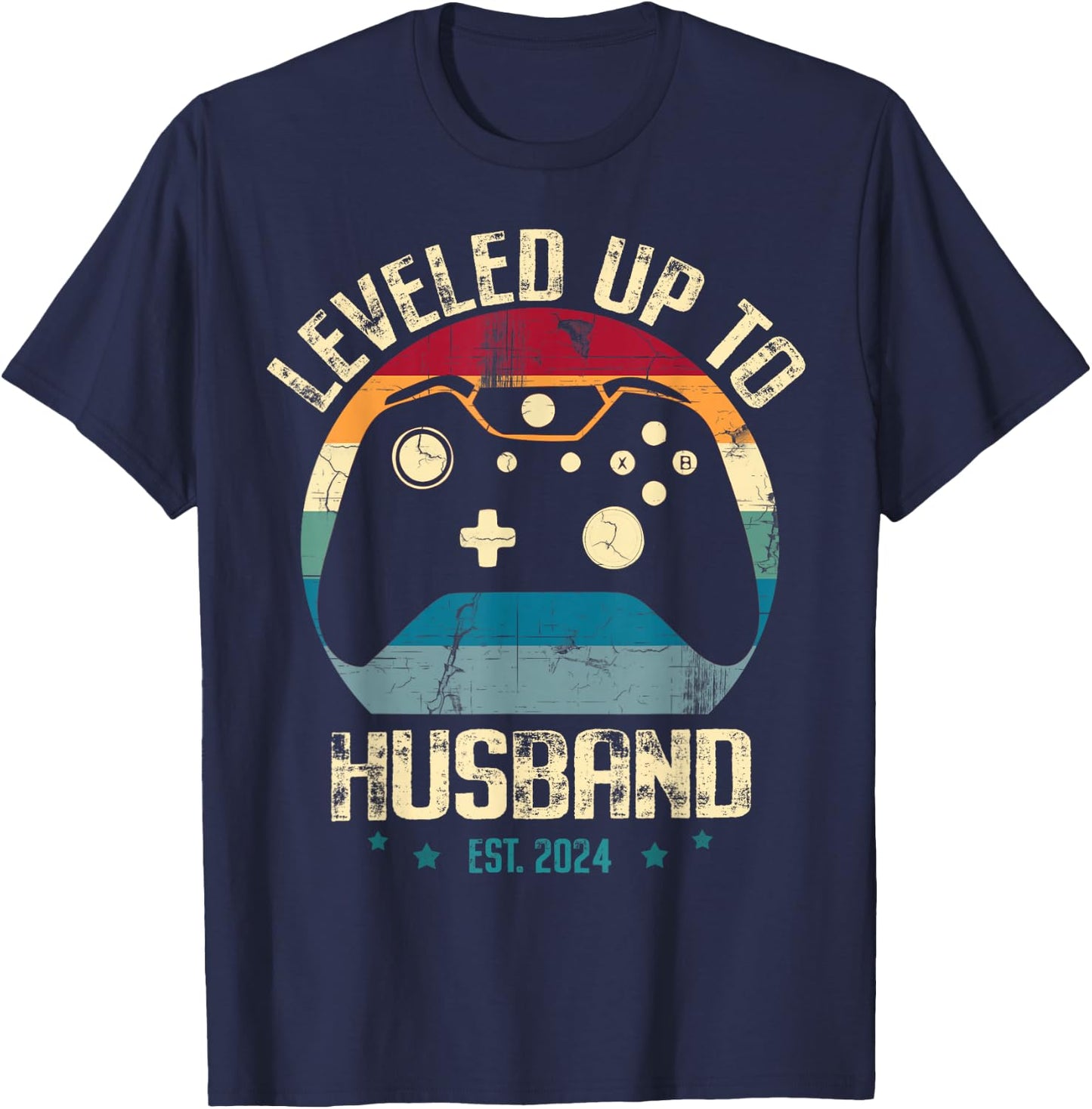 Leveled Up To Husband est 2024 Newly Married Gamer Bachelor T-Shirt - T-Shirt | Navy