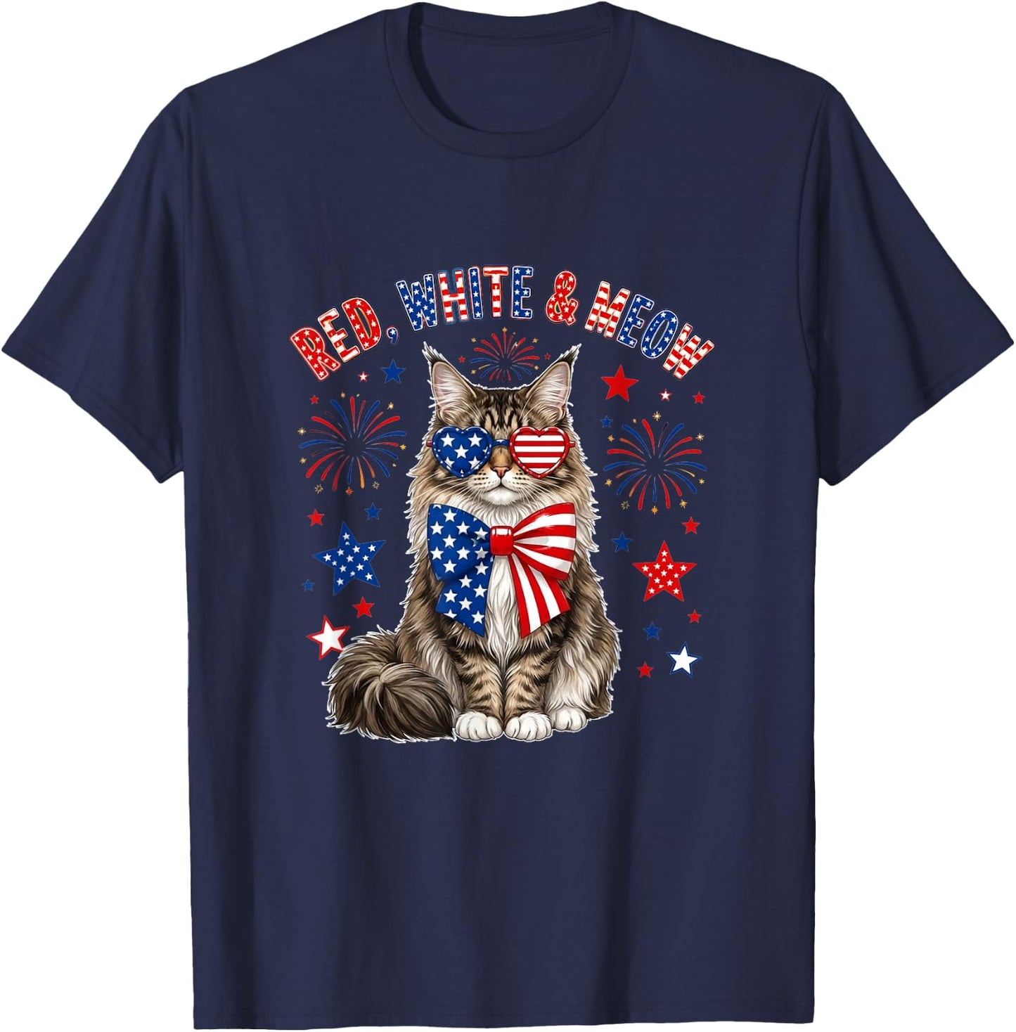 Red White and Maine Coon Cat Sound 4th of July US Flag Owner T-Shirt - T-Shirt | Navy
