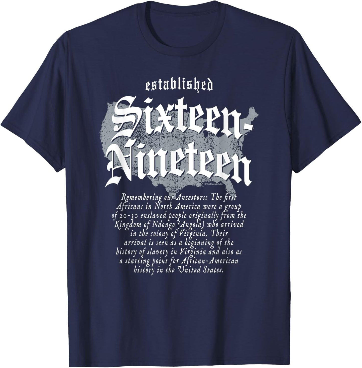 TheBlackest Co. Project Sixteen-Nineteen Established African American Map - -Adults/Kids - Black - Short Sleeve - Classic Fit - Cotton/Polyester - Size S (US) T-Shirt - T-Shirt | Navy