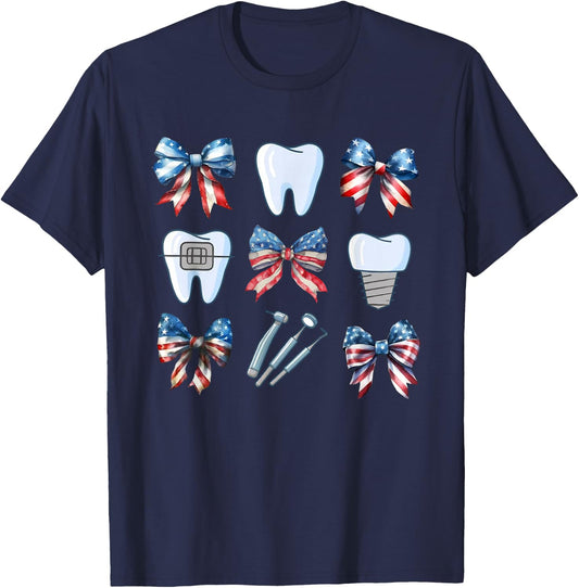 Cute Coquette Bows Teeth Dentist Funny 4th Of July Patriotic Women Men T-Shirt - T-Shirt | Navy