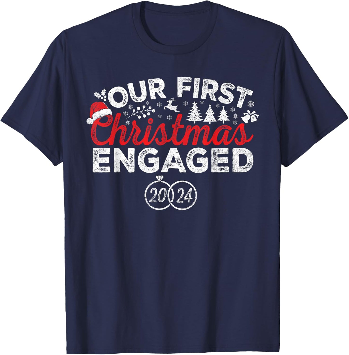 Our First Christmas Engaged 2024 Christmas Couple Matching T-Shirt - T-Shirt | Navy