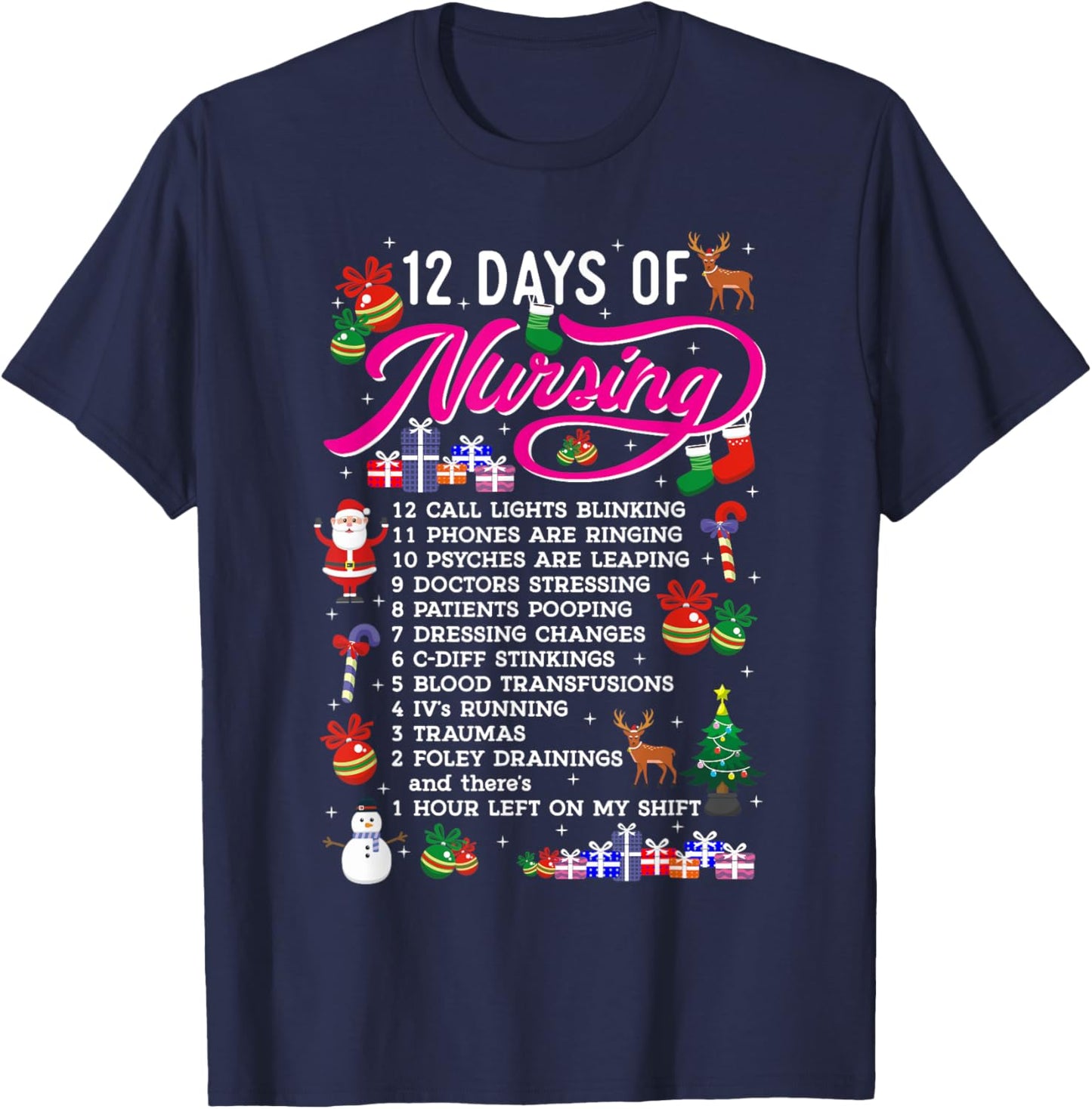12 Days Of Nursing Merry Christmas Shirts Xmas T-Shirt - T-Shirt | Navy