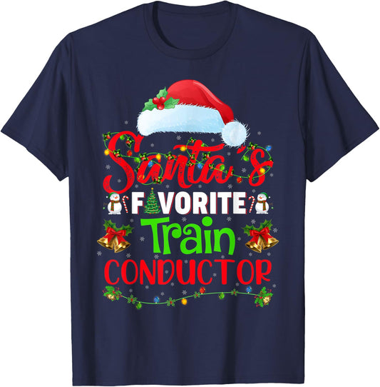 Lighting Xmas Santa's Favorite Train Conductor Christmas T-Shirt - T-Shirt | Navy