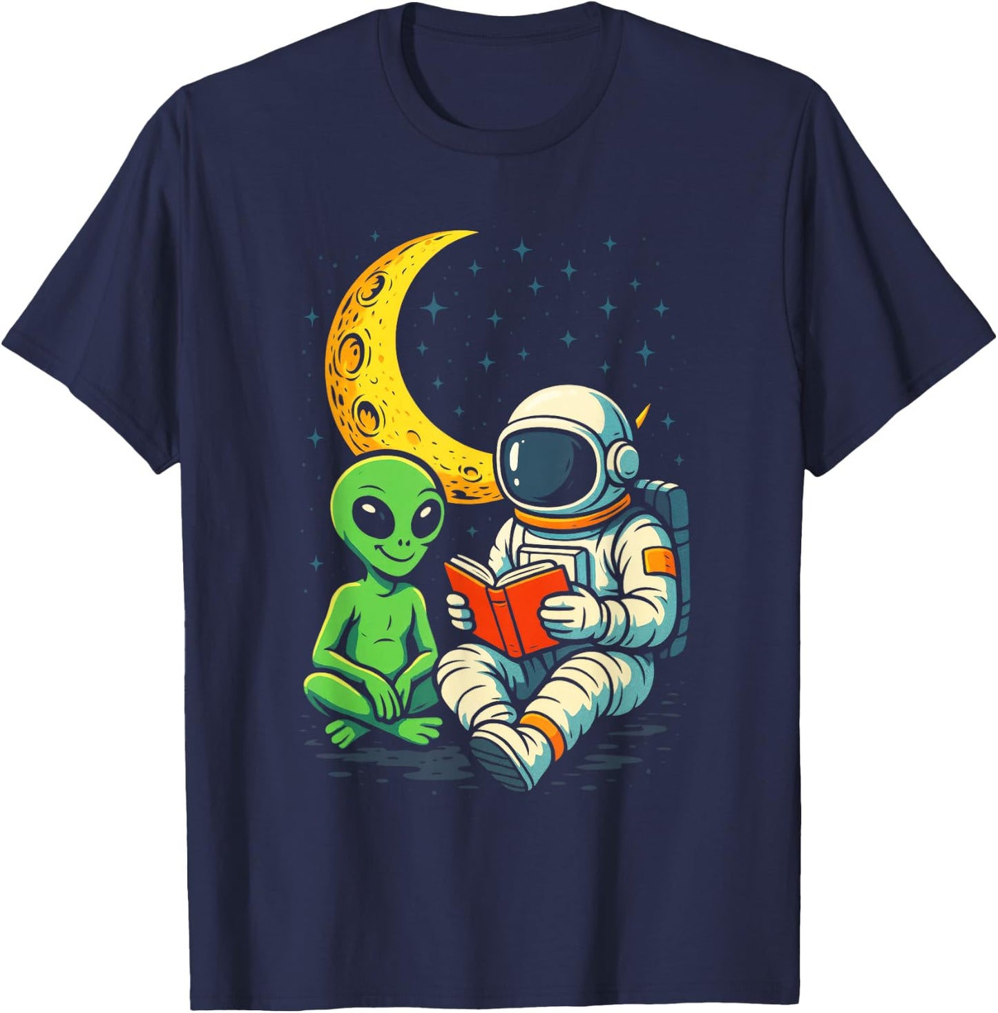 Astronaut and Alien Reading - Space Moon Science T-Shirt - T-Shirt | Navy