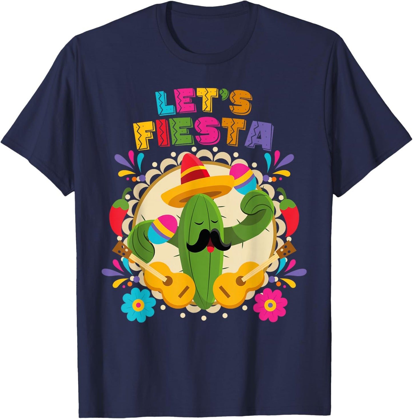 Lets Fiesta Cinco De Mayo with Guitar Cactus Sombrero T-Shirt - T-Shirt | Navy