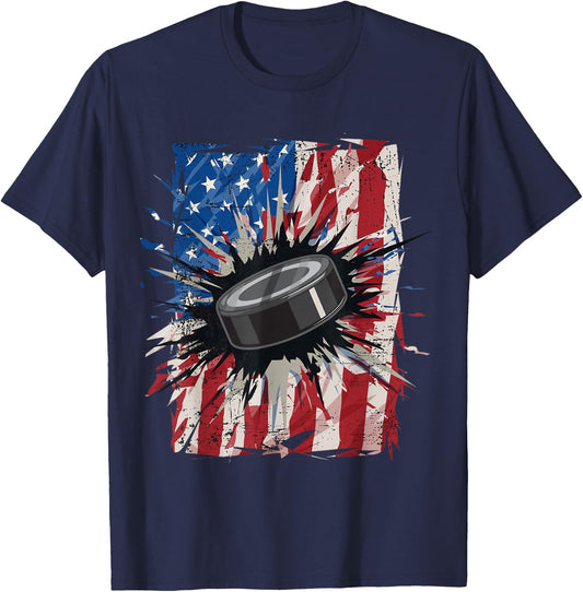 Patriotic Ice Hockey 4th of July Men USA American Flag Boys Small T-Shirt - T-Shirt | Navy