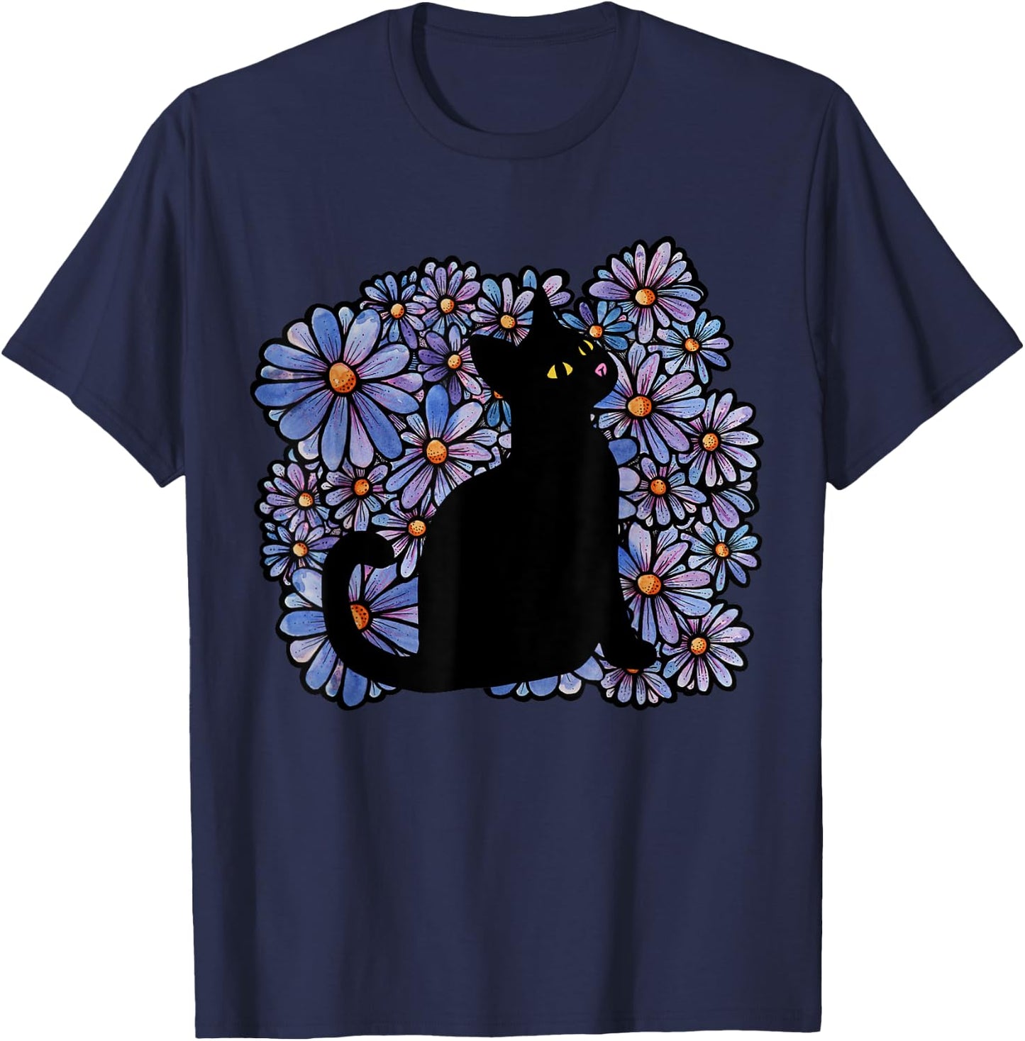 Black Cats Flower Garden T-Shirt - T-Shirt | Navy