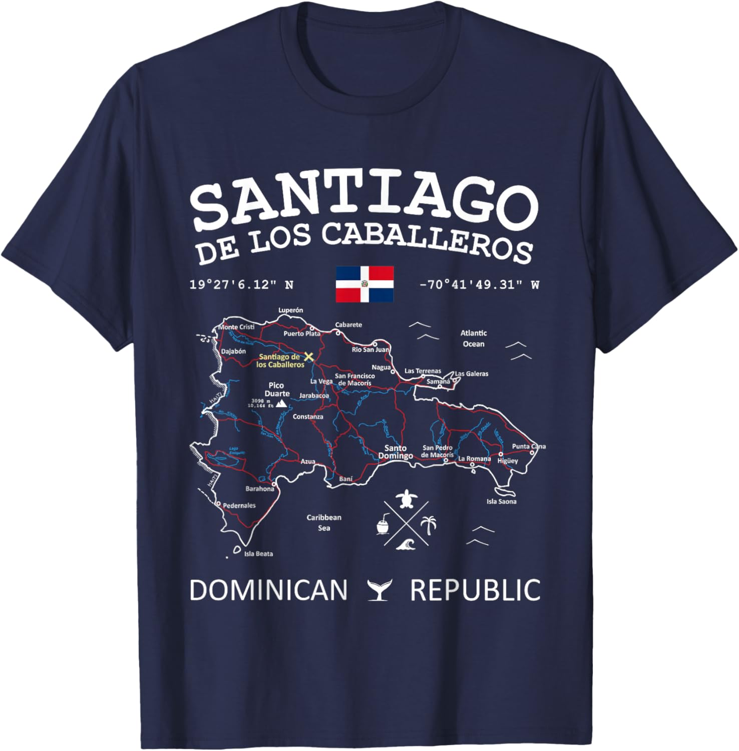 SANTIAGO de los Caballeros Dominican Republic Map Flag T-Shirt - T-Shirt | Navy
