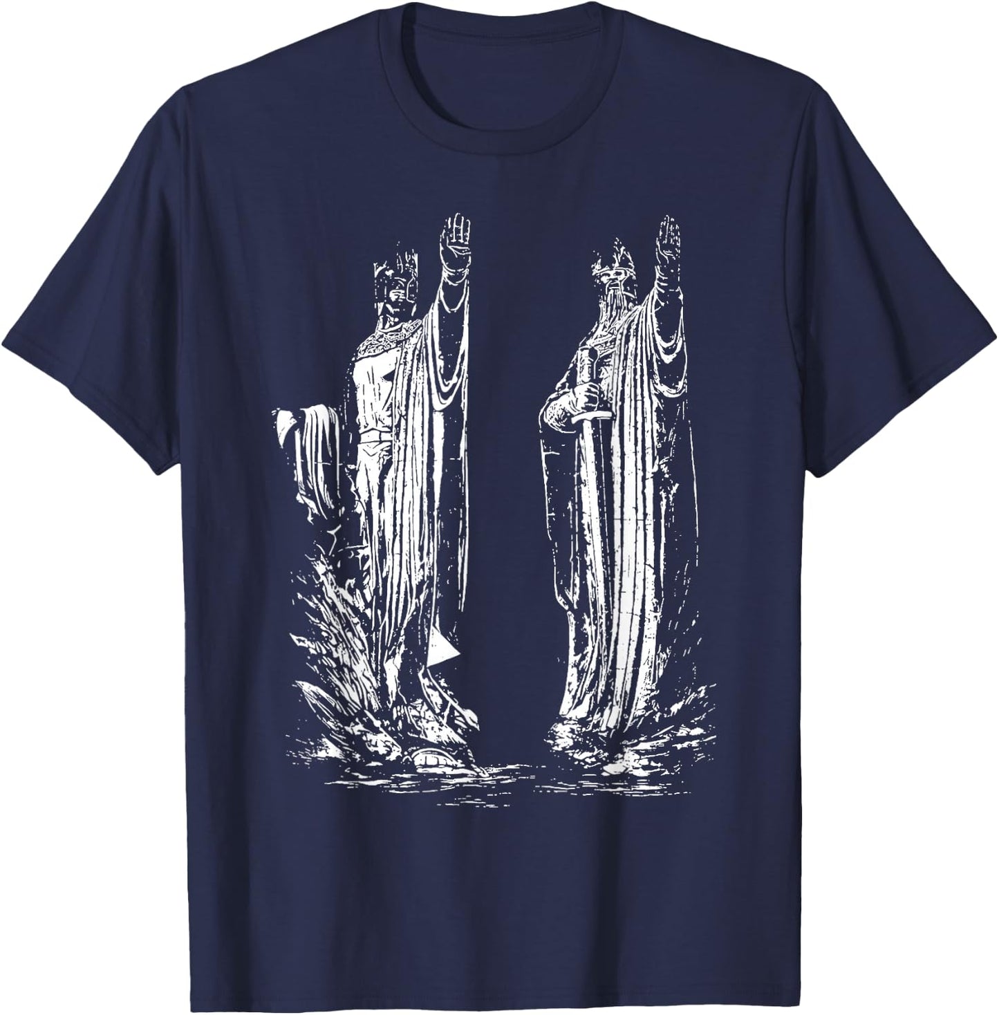 Ancient Twin Guardian Statues Fantasy Design T-Shirt - T-Shirt | Navy
