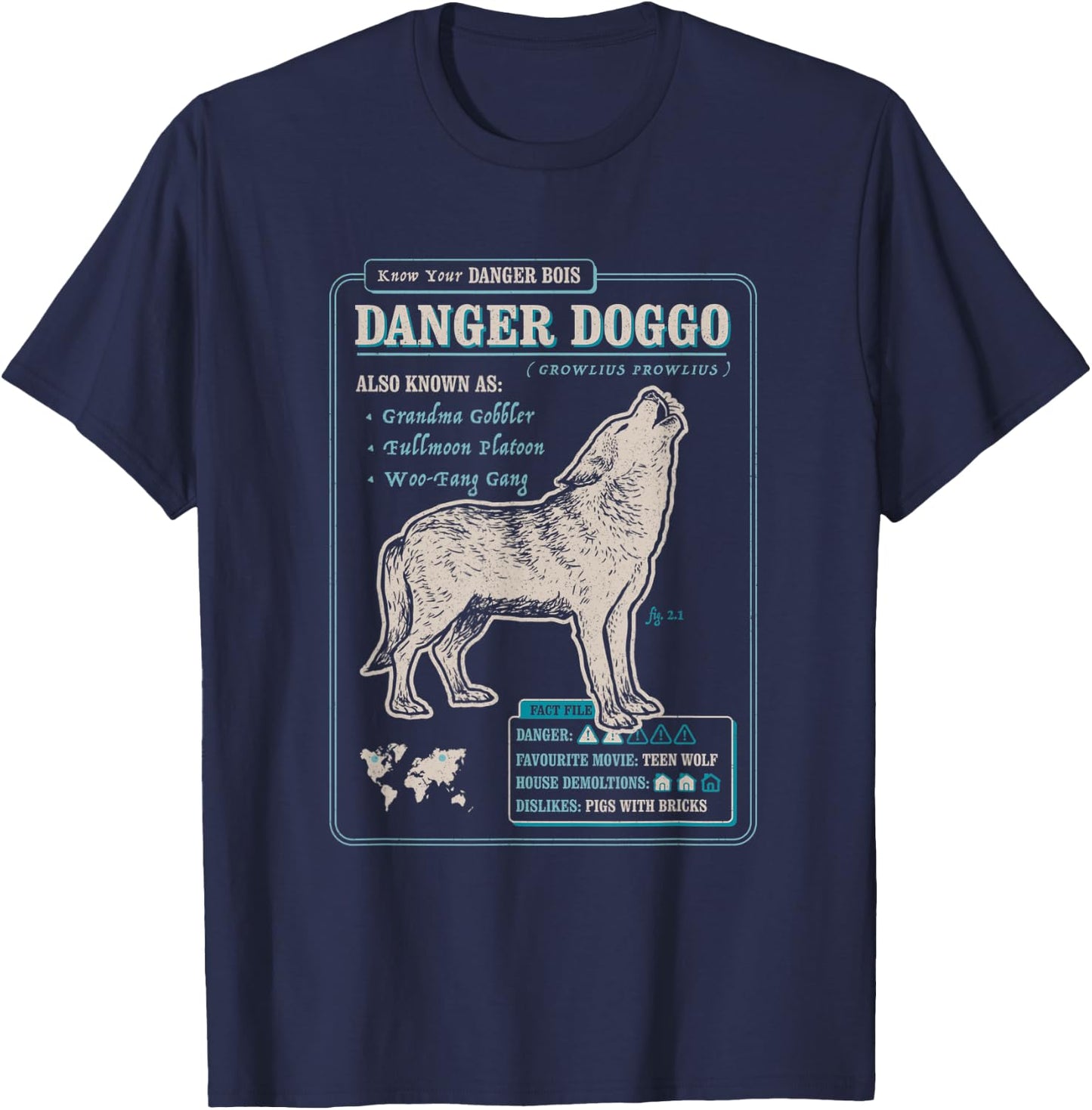 Funny Wolf Fact File - Danger Doggo T-Shirt - T-Shirt | Navy