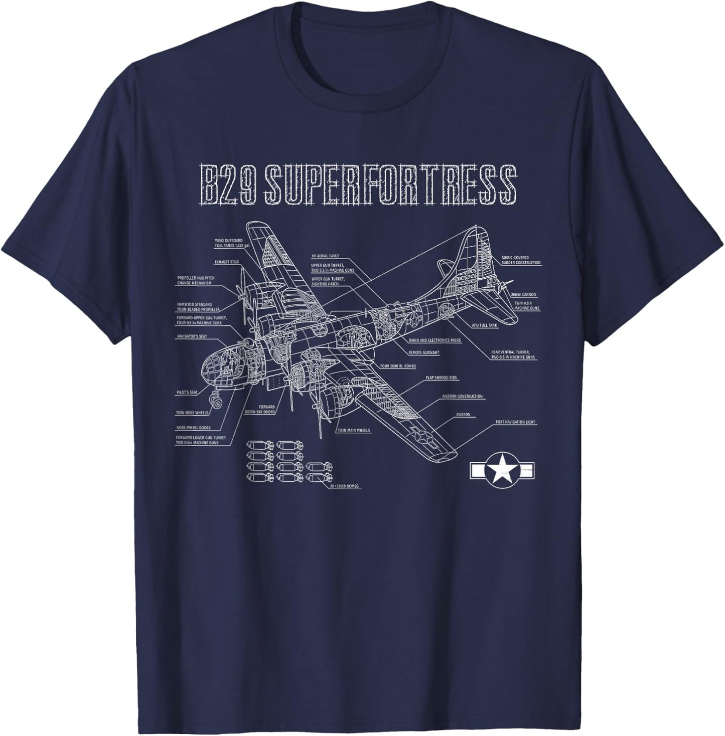 World War 2 Aircraft Blueprint WWII B29 Superfortress Bomber T-Shirt - T-Shirt | Navy