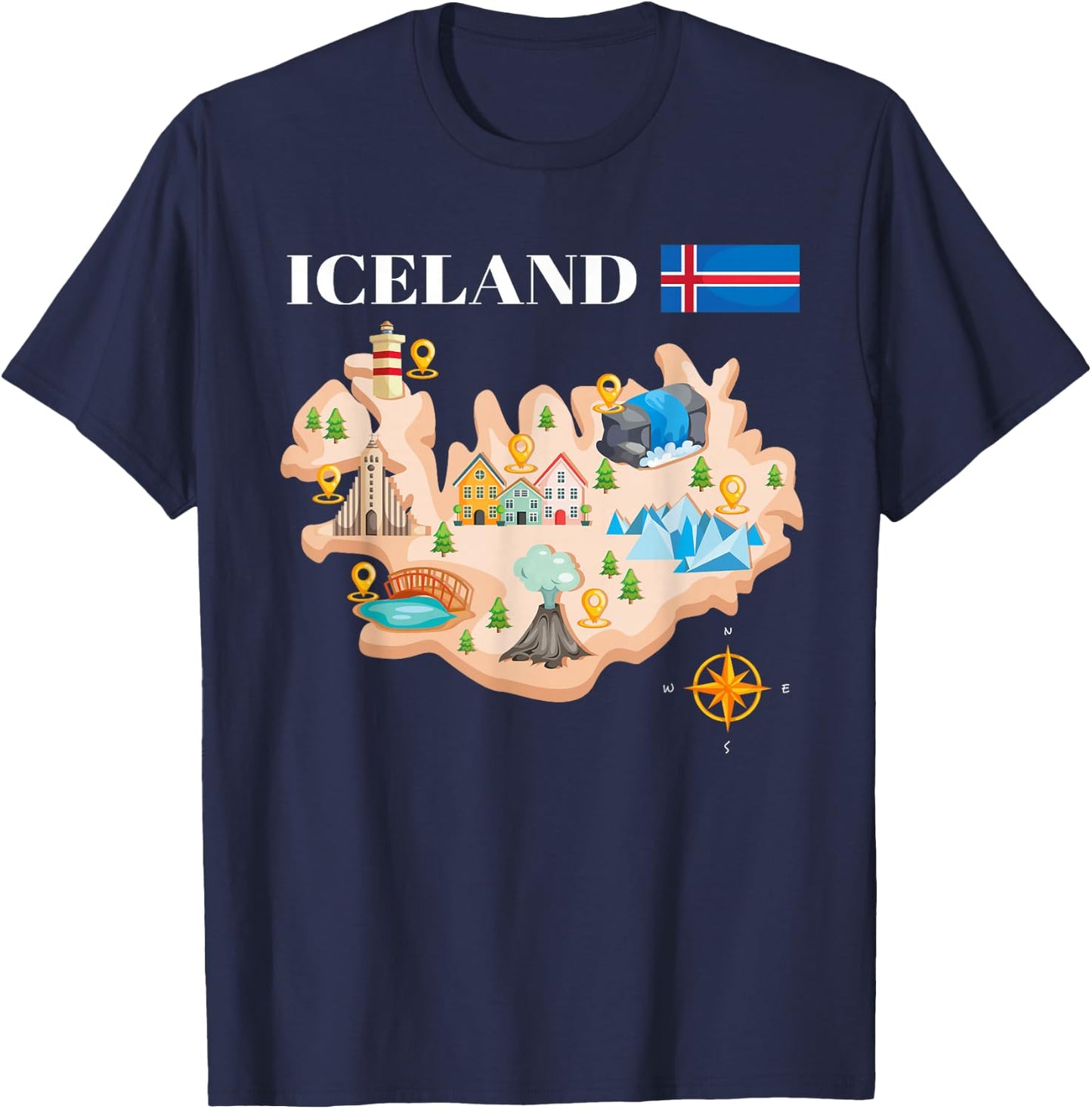 Iceland Map Souvenir Eyjafjallajokull Puffin Travel T-Shirt - T-Shirt | Navy