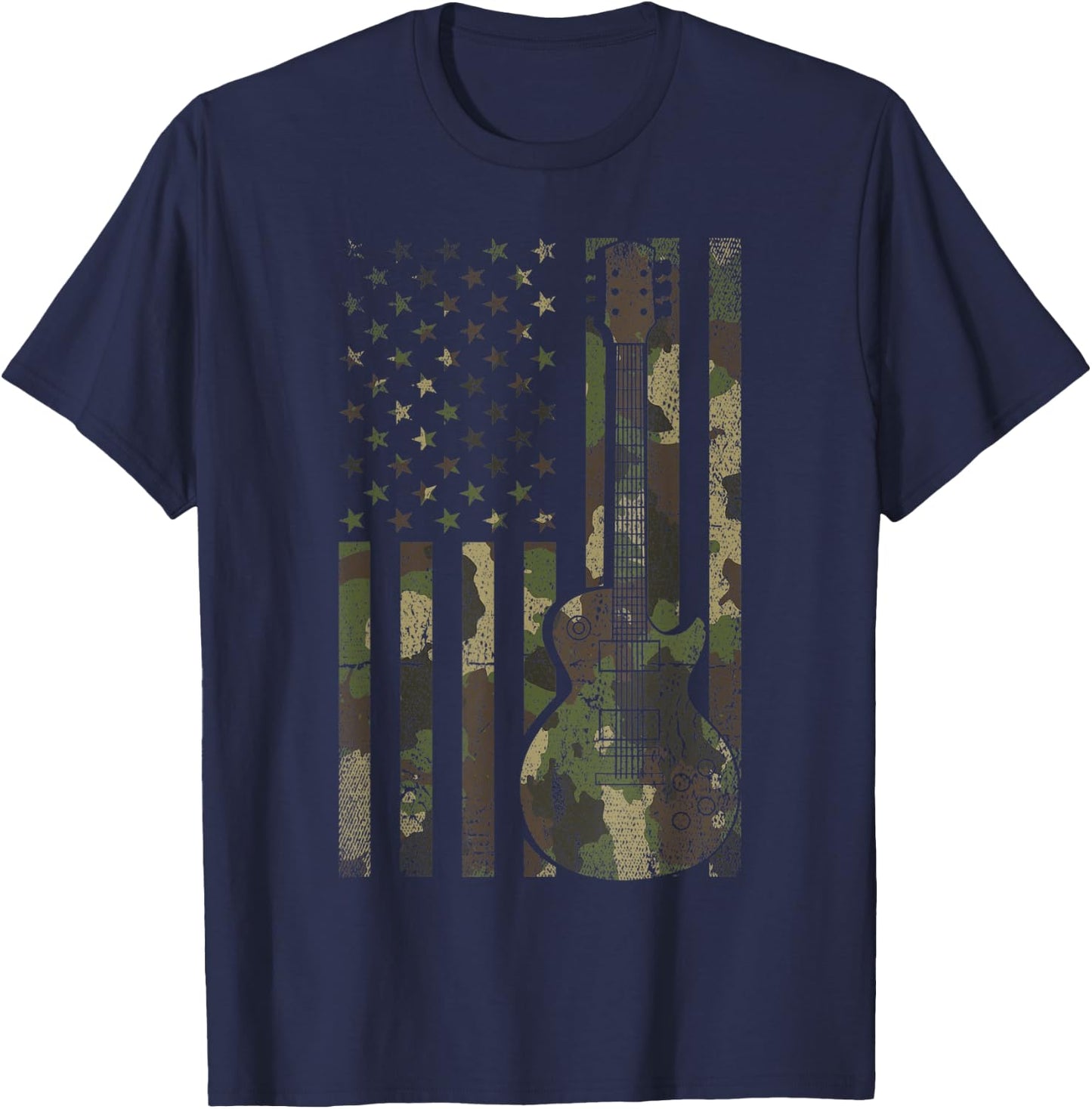 Guitarist Rock Musician Camouflage US Flag Electric Guitar T-Shirt - T-Shirt | Navy