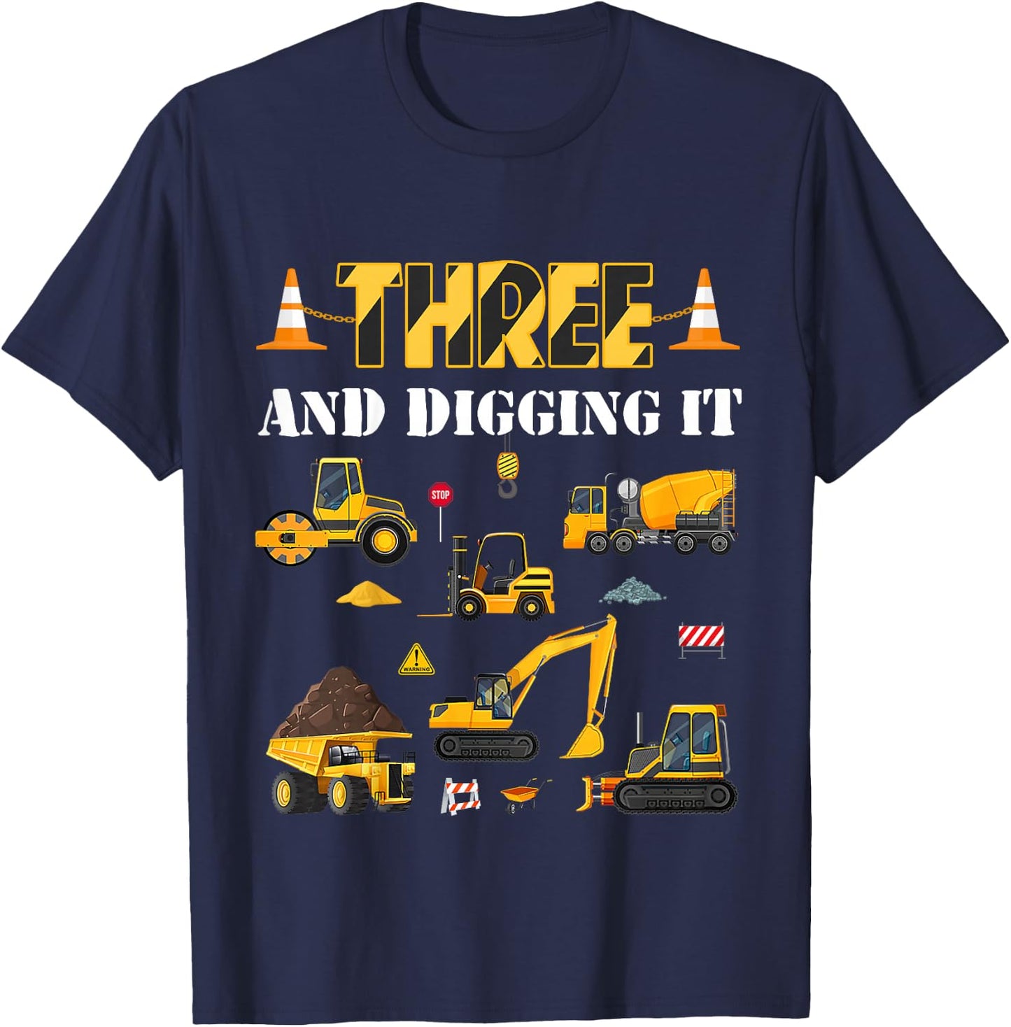 Kids Three And Digging It 3rd Birthday Construction Boy 3 Yrs Old T-Shirt - T-Shirt | Navy
