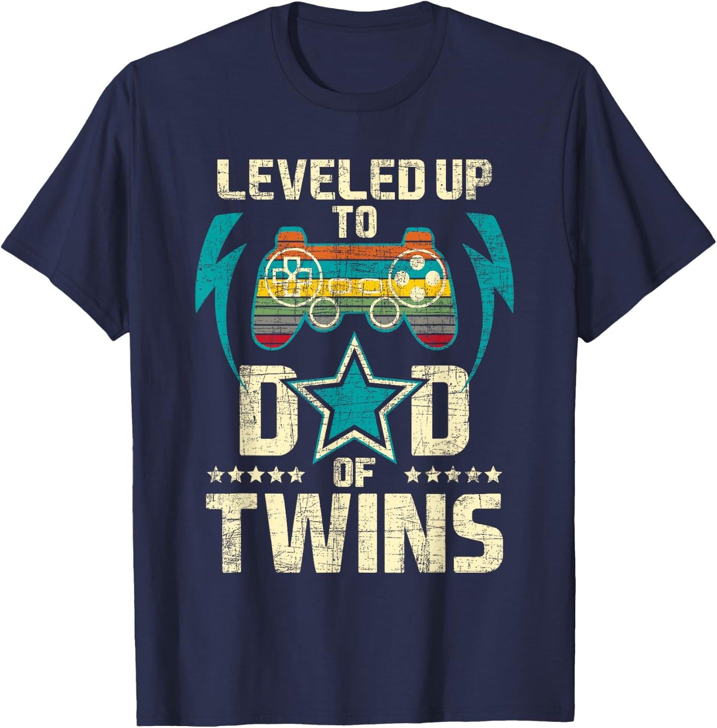 Leveled Up To Dad Of Twins - Twin Dad Father Of Twins T-Shirt - T-Shirt | Navy