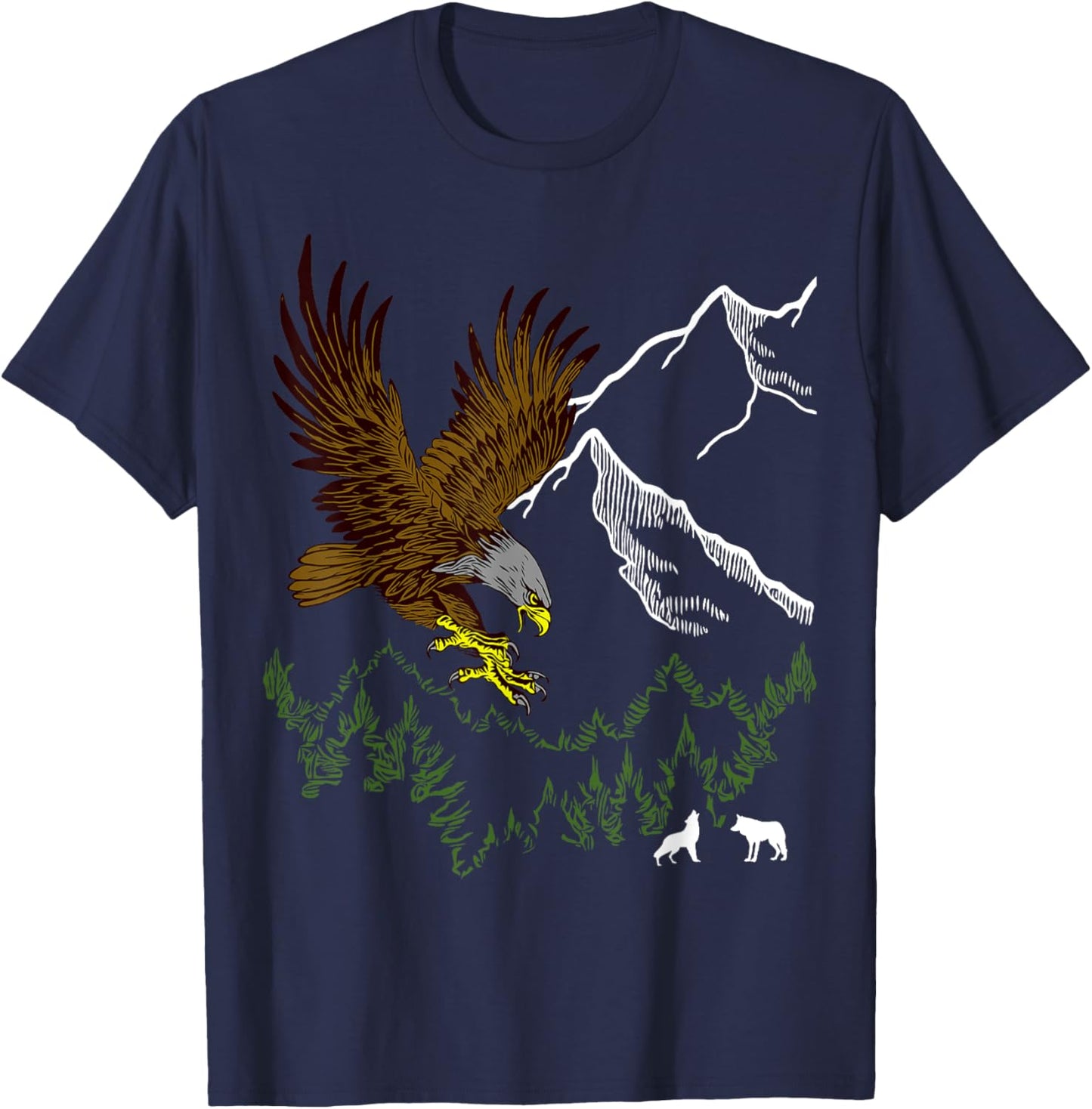Mountain Forest tree Design Eagle Bird, Wolf Animal Graphic T-Shirt - T-Shirt | Navy