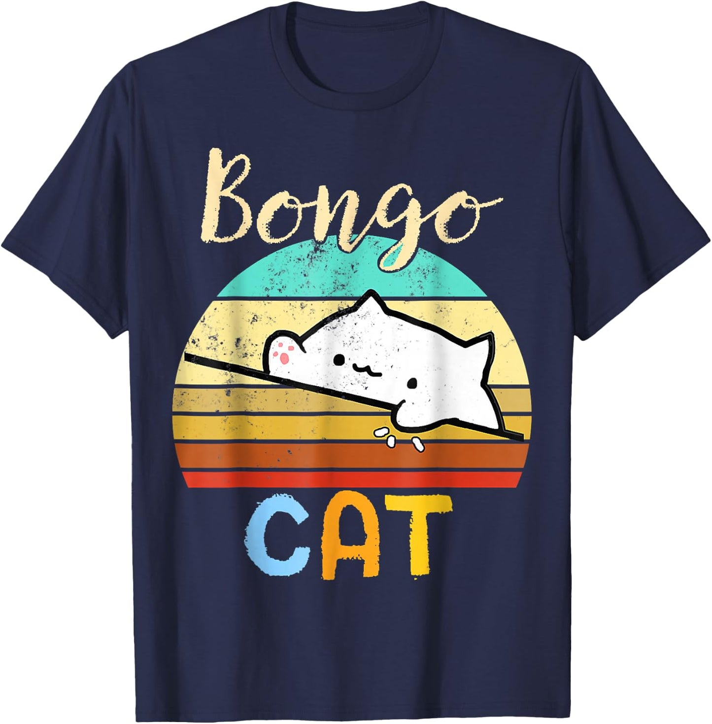 vintage sunset Bongo Cat cute Gamer meme gift T-Shirt - T-Shirt | Navy