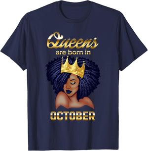 Queens Are Born In October Birthday for Black Women T-Shirt - T-Shirt | Navy
