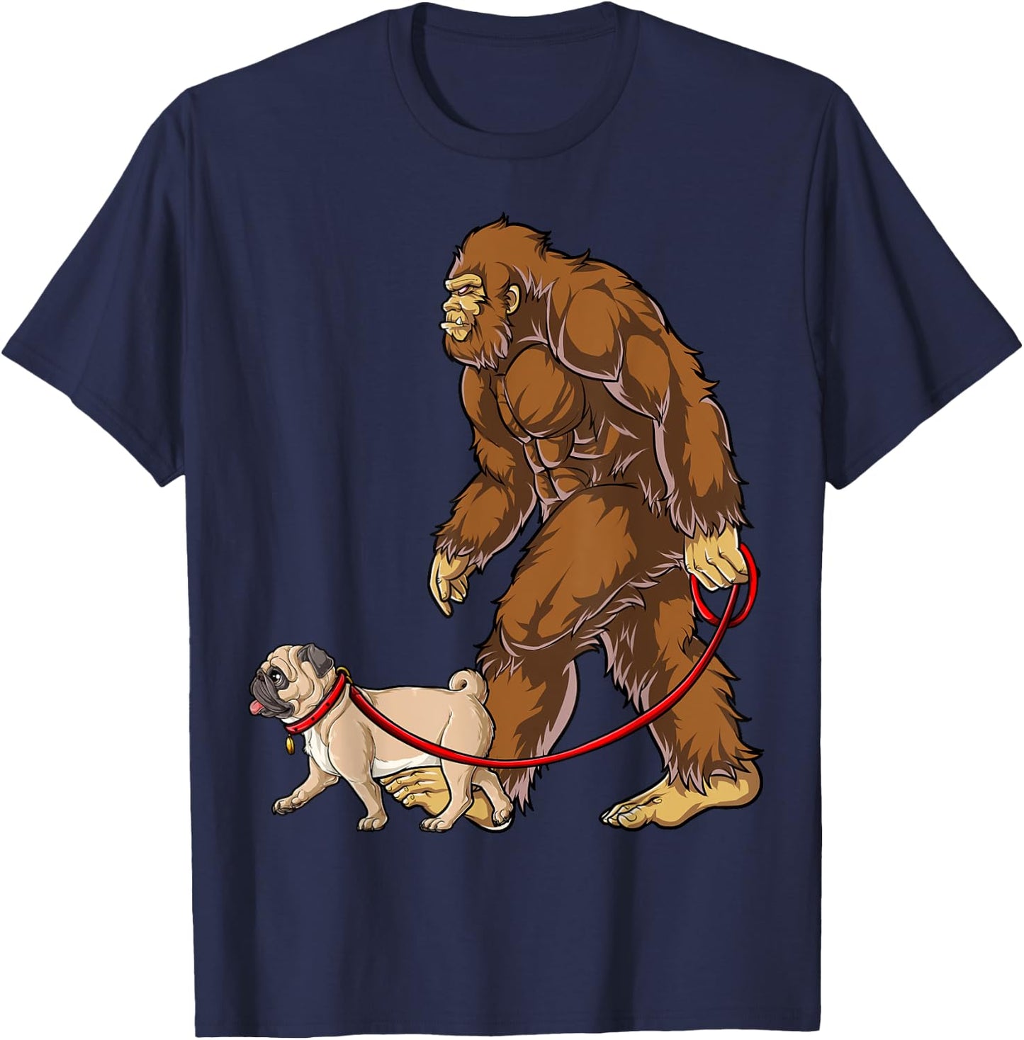 Bigfoot Dog Walk Pug Men Women Sasquatch Lover Gifts Funny T-Shirt - T-Shirt | Navy