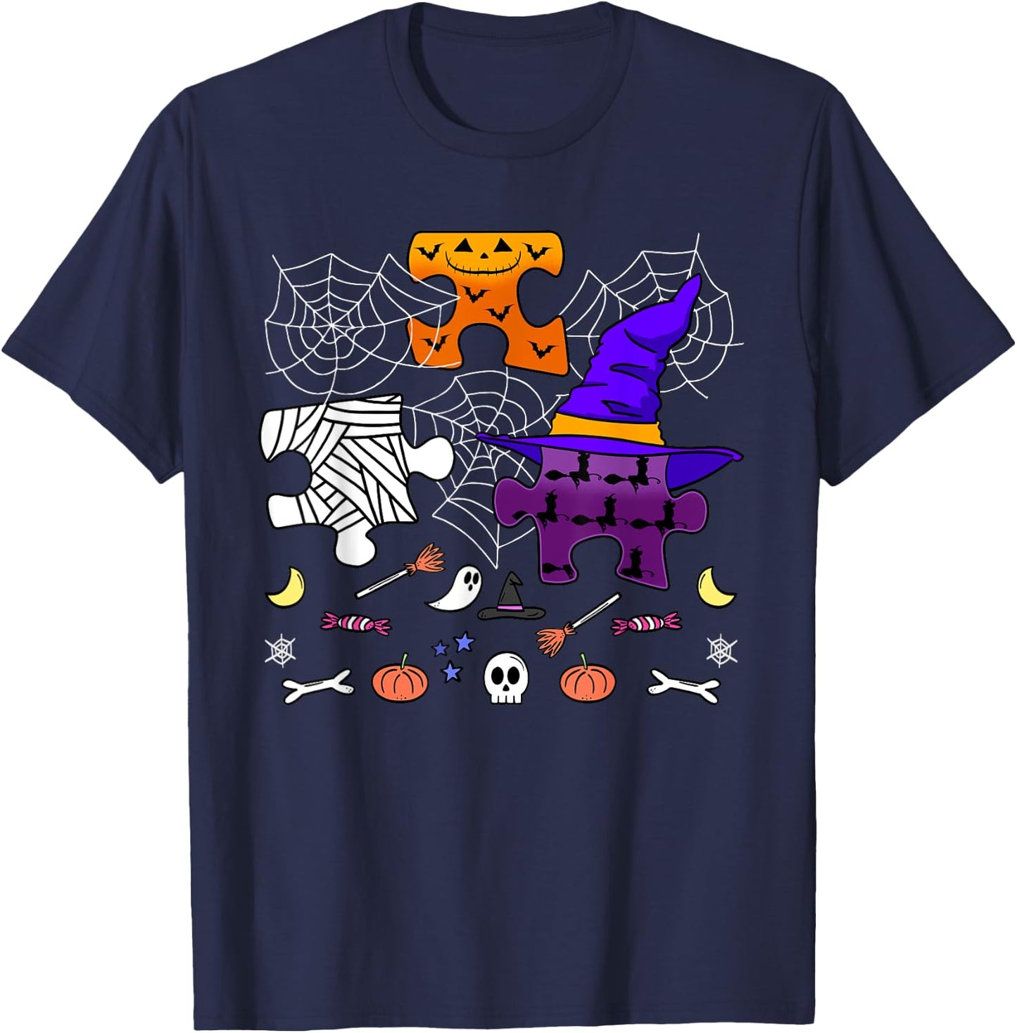 Autism ASD Awareness Halloween Puzzle Pieces Trick Or Treat T-Shirt - T-Shirt | Navy