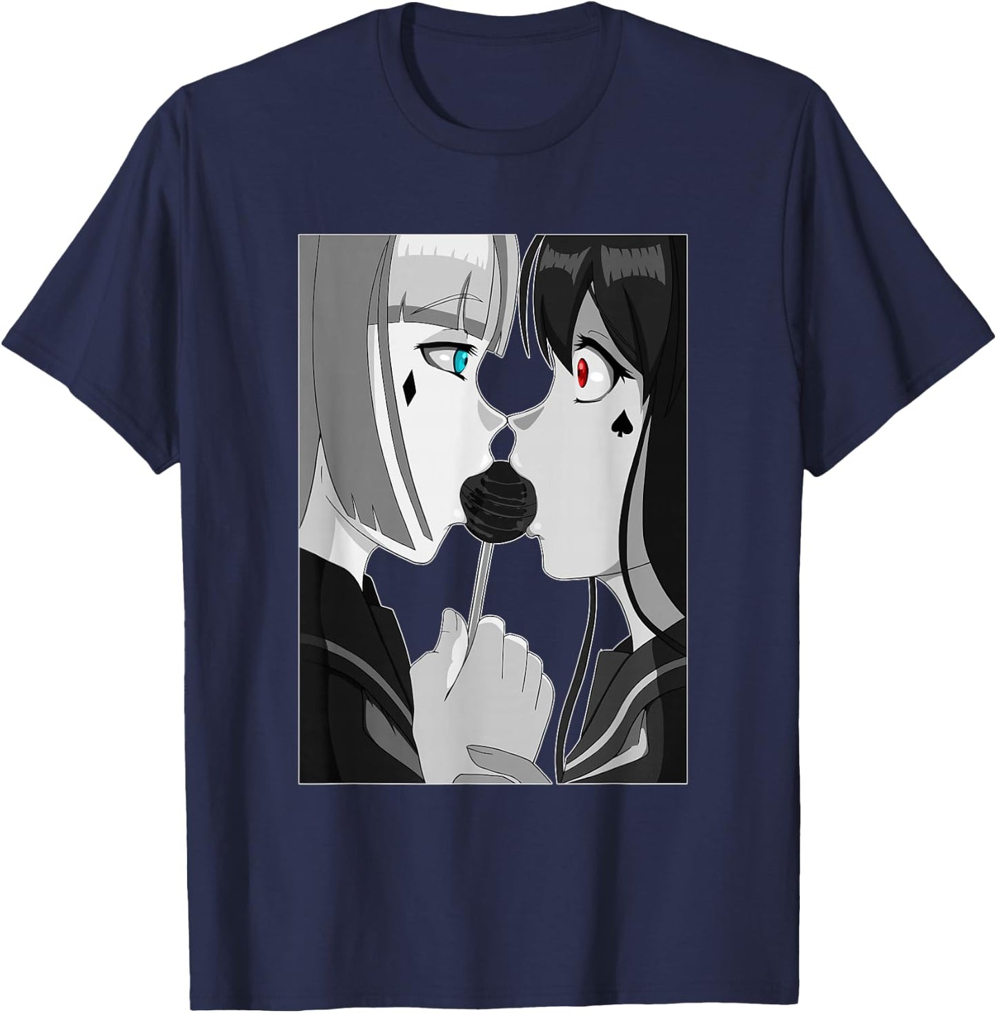 Sweet Lollipop Kiss Anime & Manga Emo Girls Yuri Couple T-Shirt - T-Shirt | Navy