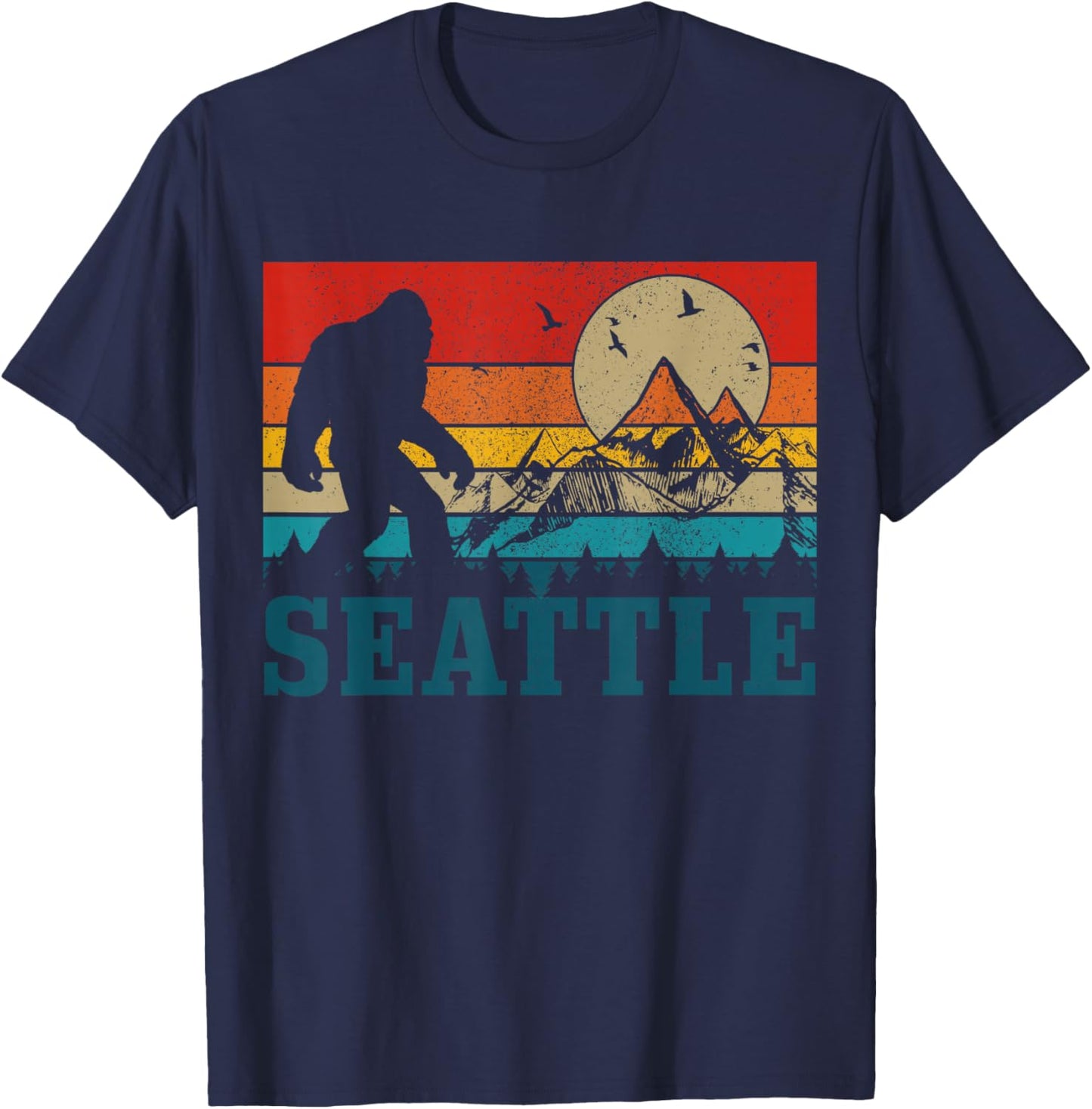 Seattle Washington Bigfoot Vintage Mountains Funny Gift T-Shirt - T-Shirt | Navy