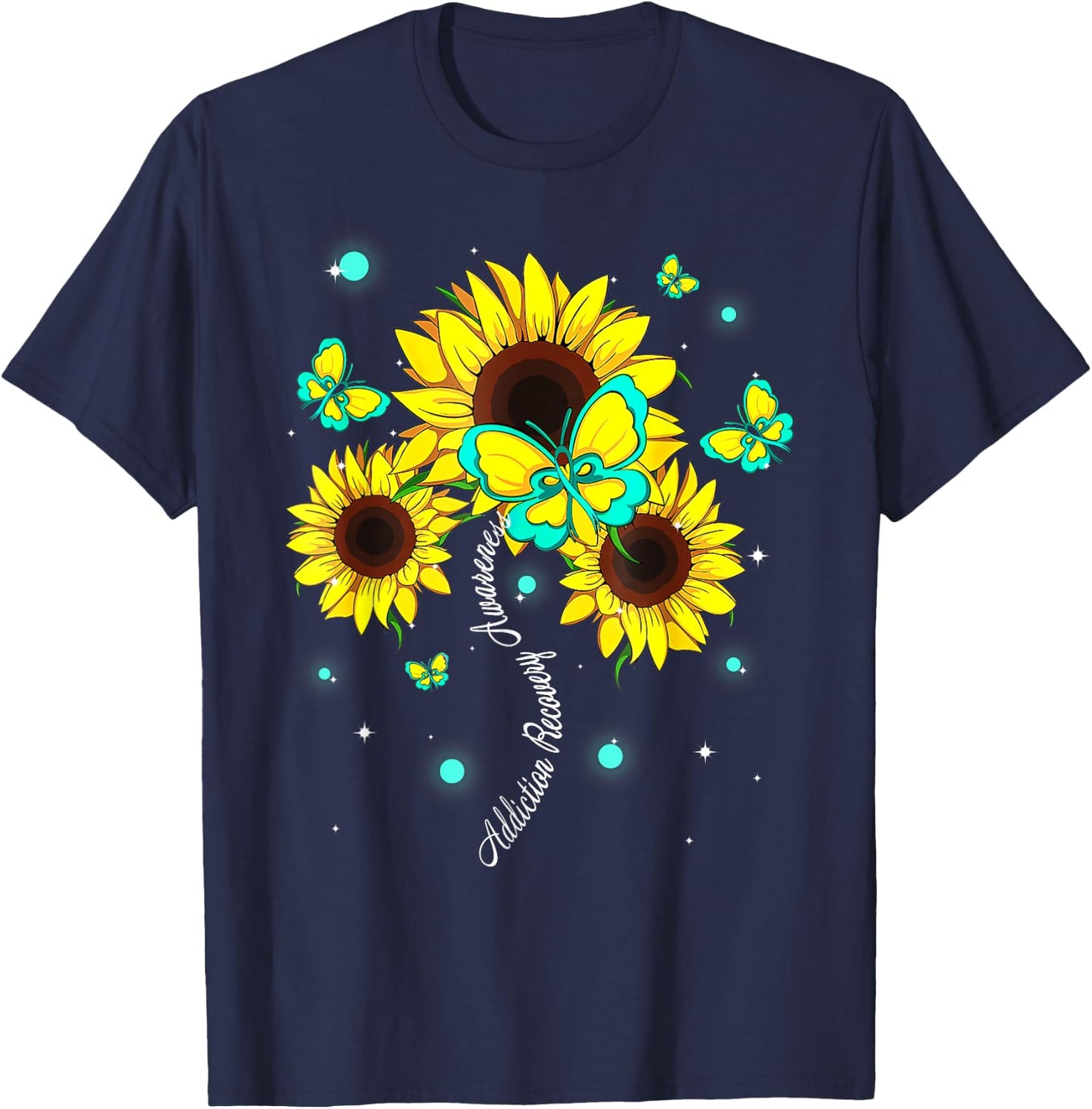 Addiction Recovery Awareness Sunflower Butterfly Ribbon T-Shirt - T-Shirt | Navy