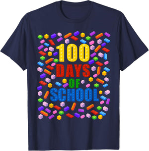 100 Days Of School Building Bricks Blocks 100th Day T-Shirt - T-Shirt | Navy