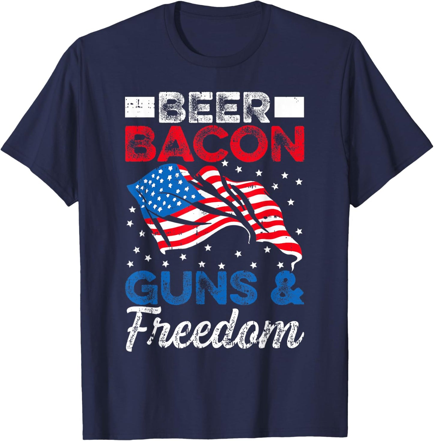 USA Flag Beer Bacon Guns And Freedom 4th Of July Veterans Men T-Shirt - T-Shirt | Navy