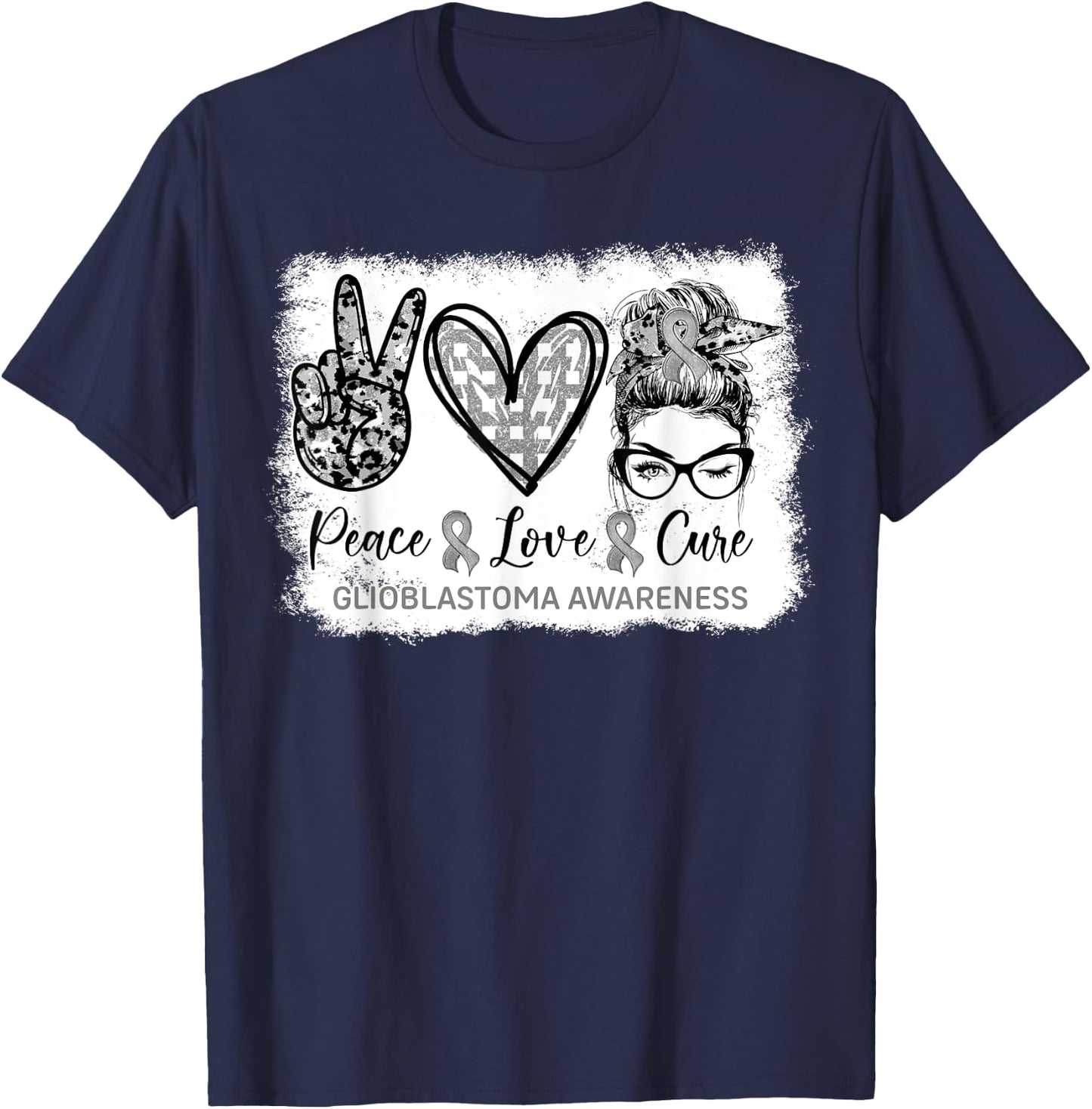 Messy Bun Peace Love Cure Gray Ribbon Glioblastoma Awareness T-Shirt - T-Shirt | Navy