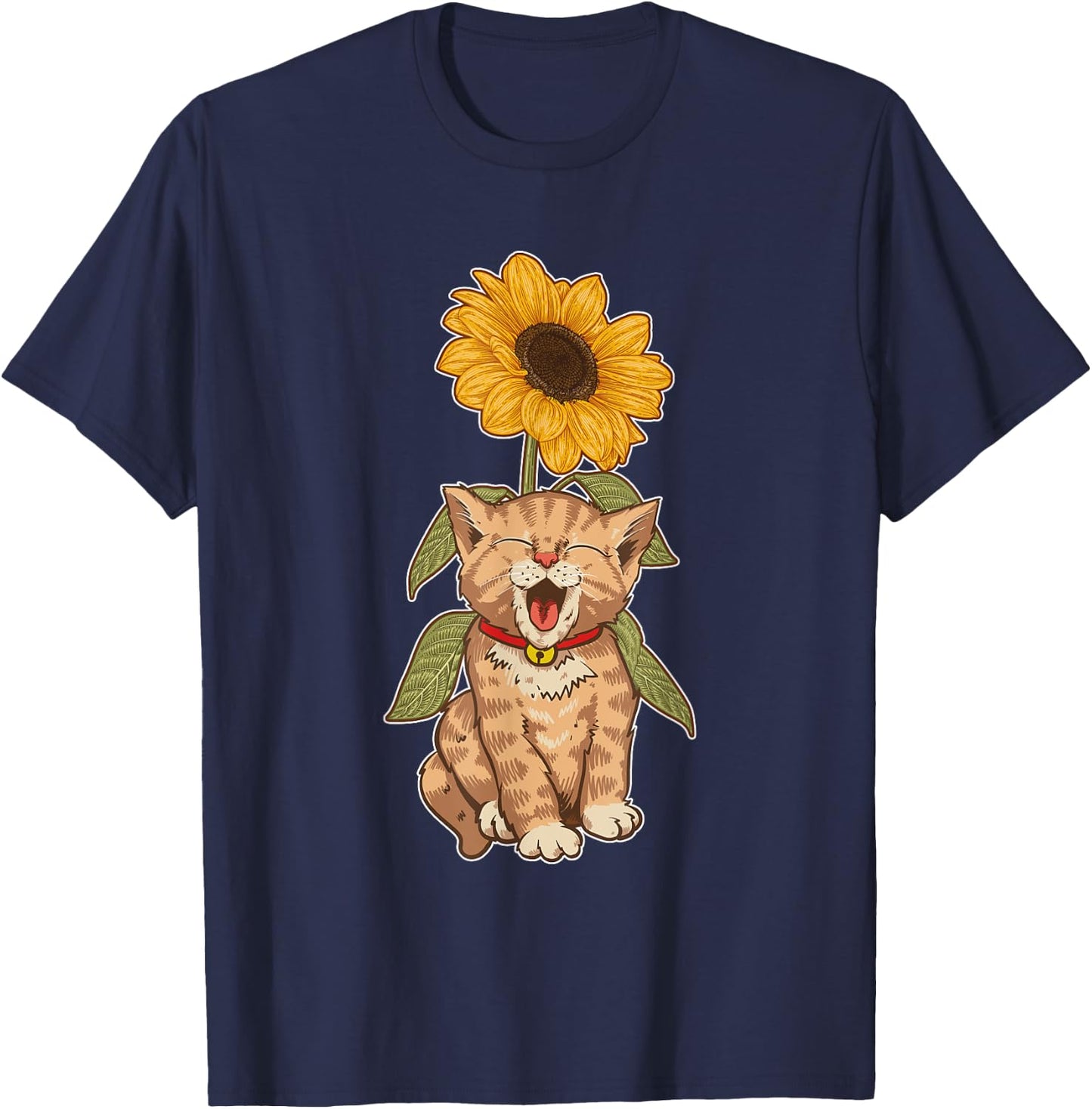 Cat Animal Kitten Yellow Flower Sunflower Pet Kitty Cat T-Shirt - T-Shirt | Navy