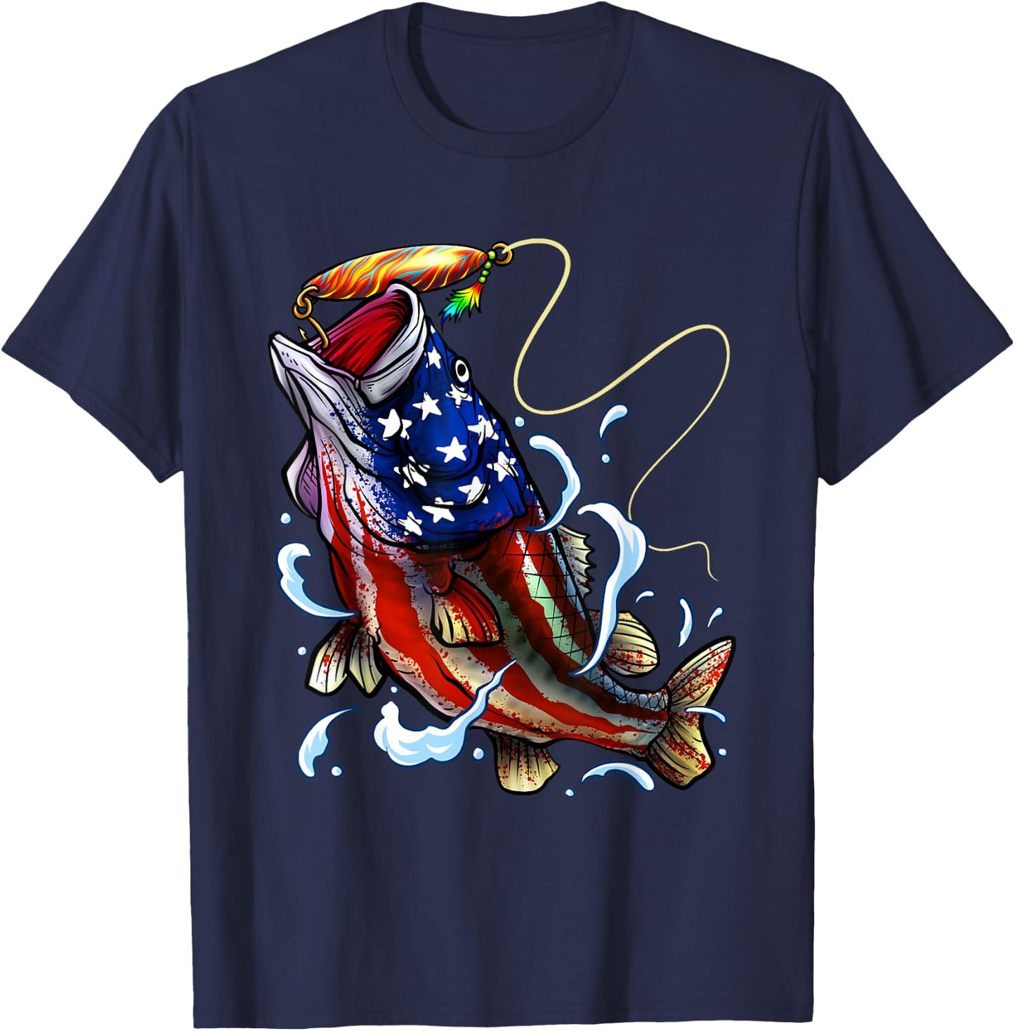 Bass Fishing Fish American Flag Dad Father Fourth Of July T-Shirt - T-Shirt | Navy