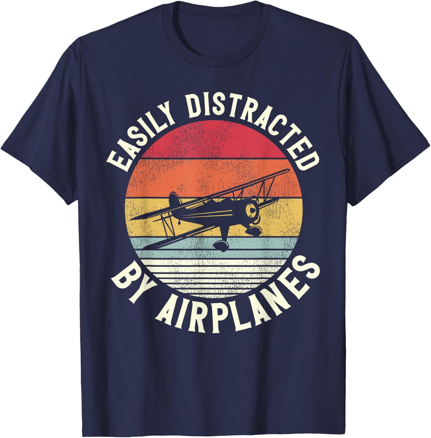 Airplane Pilot Vintage Biplane Easily Distracted By T-Shirt - T-Shirt | Navy