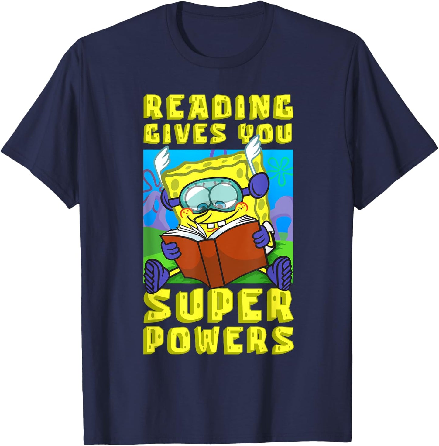 Mademark x SpongeBob SquarePants - SpongeBob Reading Gives You Super Powers Book Stories Reader T-Shirt - T-Shirt | Navy