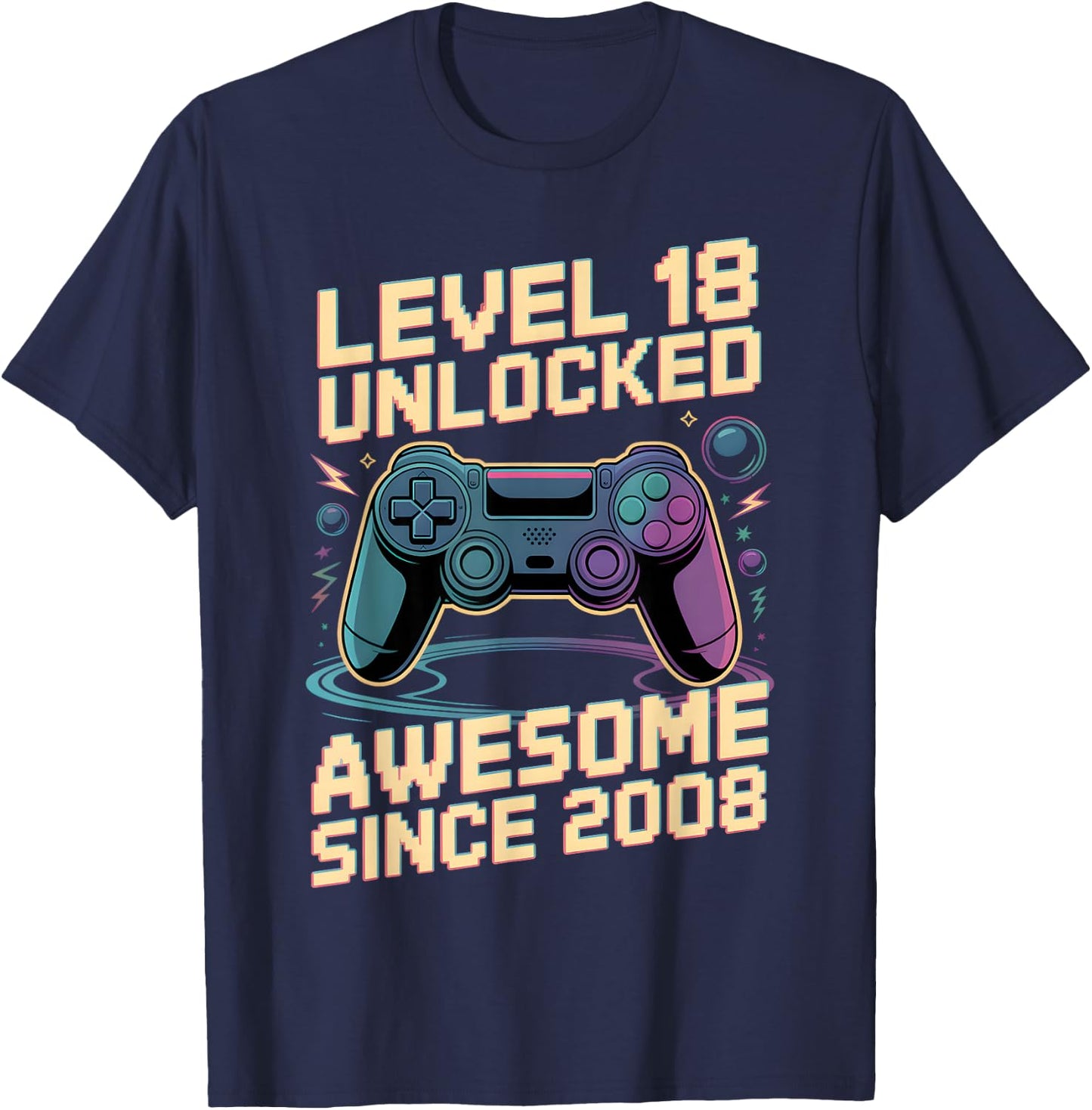 18th Birthday Boy Gift Level 18 Gamer 2008 18 Year Old Party T-Shirt - T-Shirt | Navy