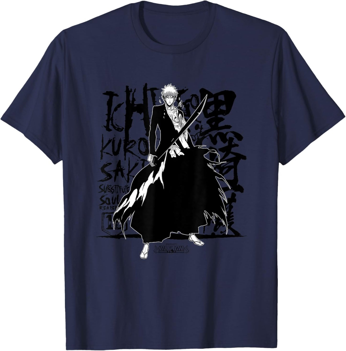 Bleach Ichigo Anime , -Adults, Grey, Small, Short Sleeve, Cotton, Classic Fit, Unique Bleach Ichigo Design T-Shirt - T-Shirt | Navy