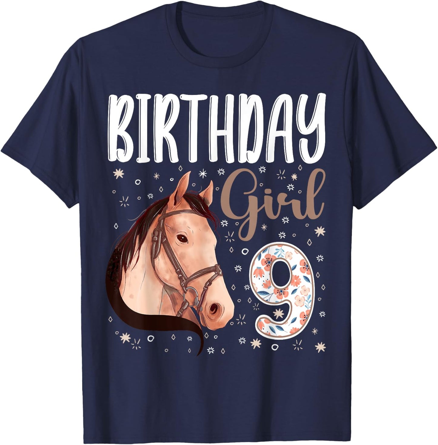 horse Animal Lovers 9th Birthday Girl B-day 9 year old T-Shirt - T-Shirt | Navy