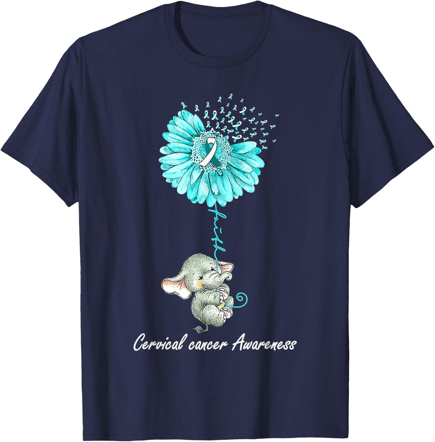 Teal Sunflower Elephant Cervical Cancer Awareness Gift T-Shirt - T-Shirt | Navy