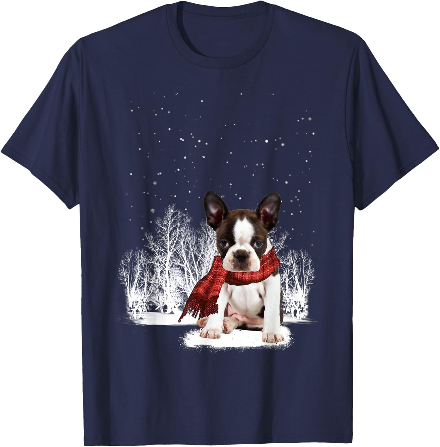 Boston Terrier In The Snow Merry Christmas Winter Gift T-Shirt - T-Shirt | Navy