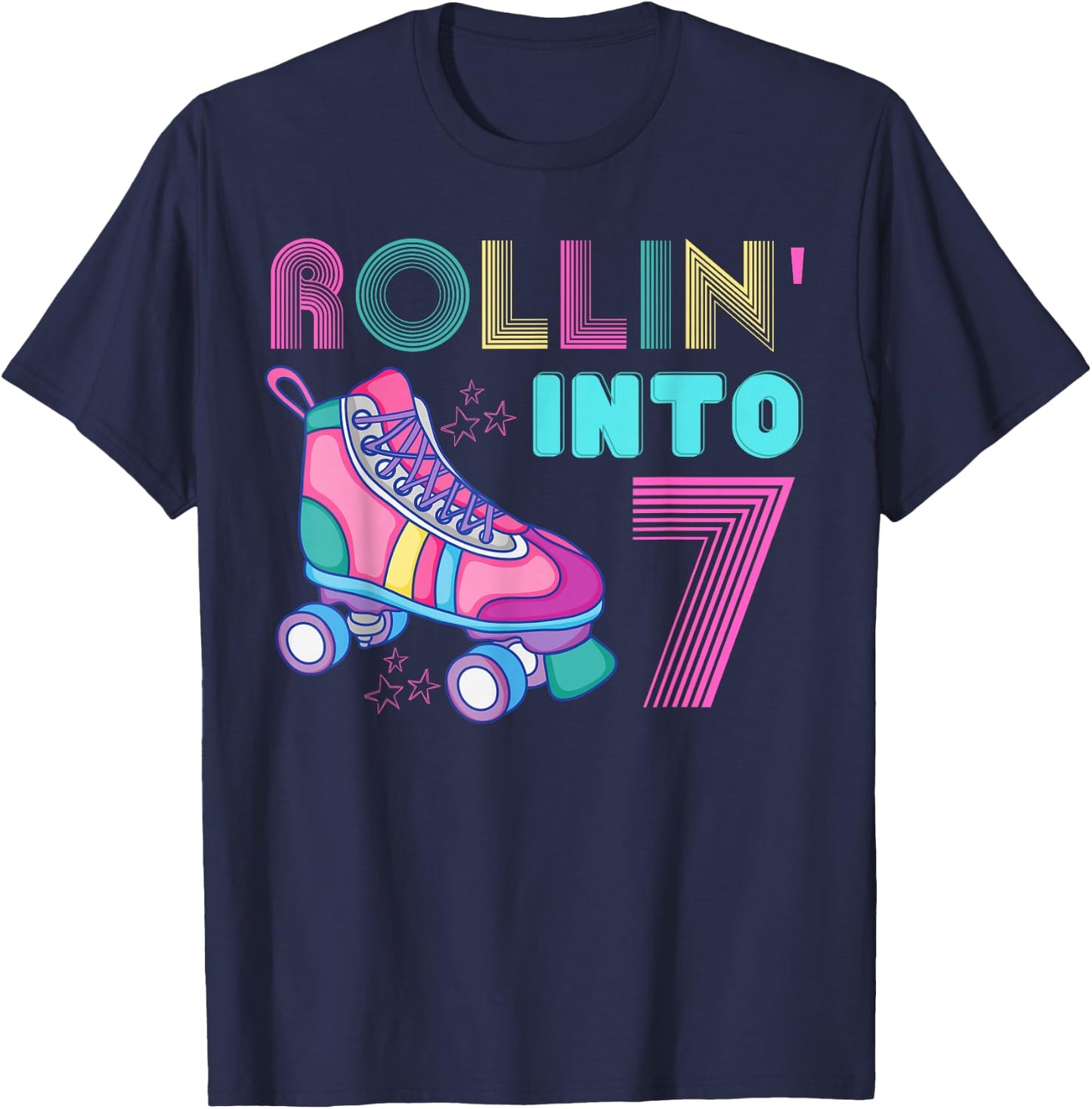 Rolling Into 7 Birthday Party Roller Skating Cute Girl Skate T-Shirt - T-Shirt | Navy