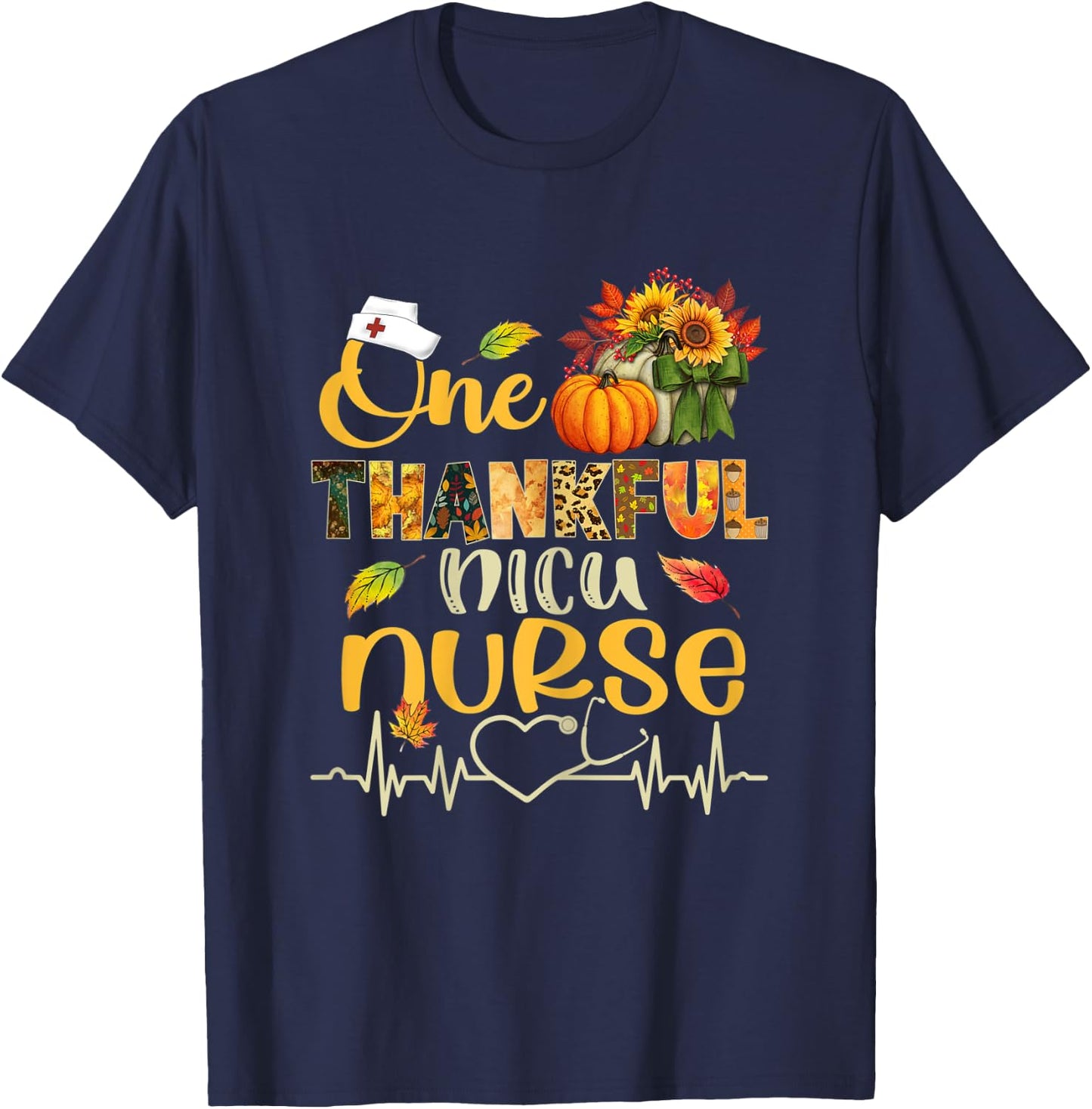 One Thankful NICU Nurse Pumpkin Stethoscope Thanksgiving T-Shirt - T-Shirt | Navy