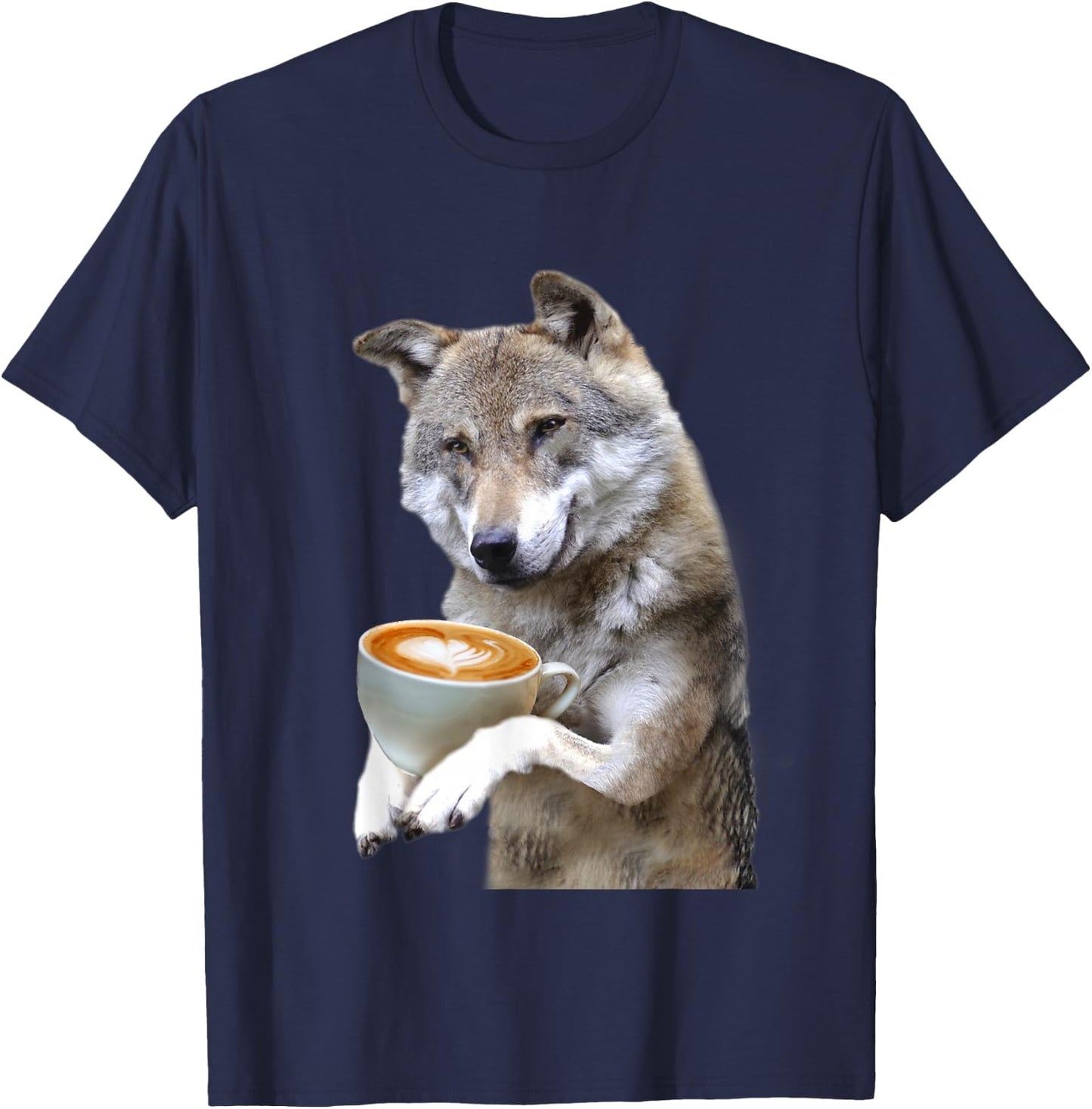 Brown Wolf Wolves Drink Coffee Smiling Funny Sweet T-Shirt - T-Shirt | Navy